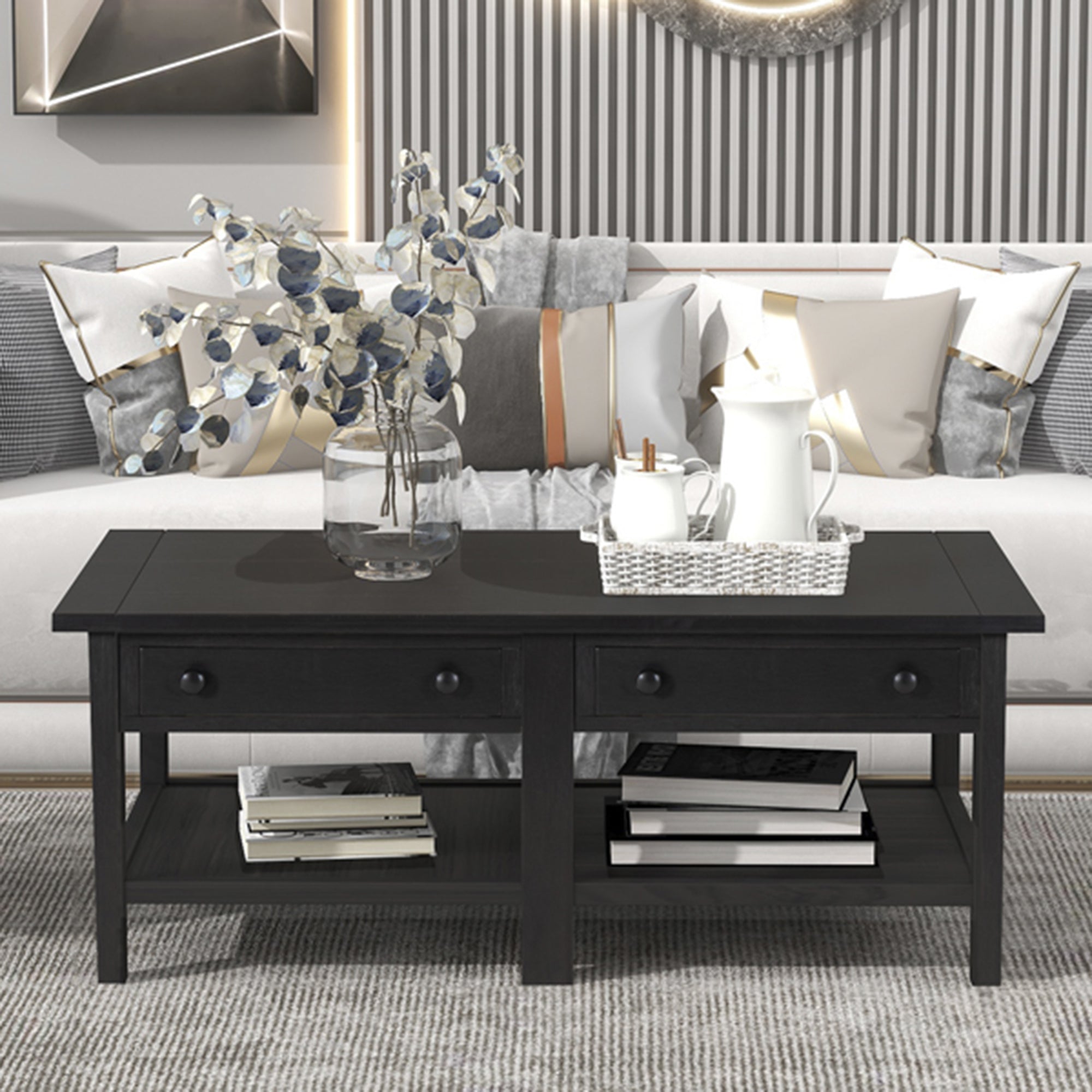 2-Drawer Solid Wood Coffee Table with Open Styled Shelf