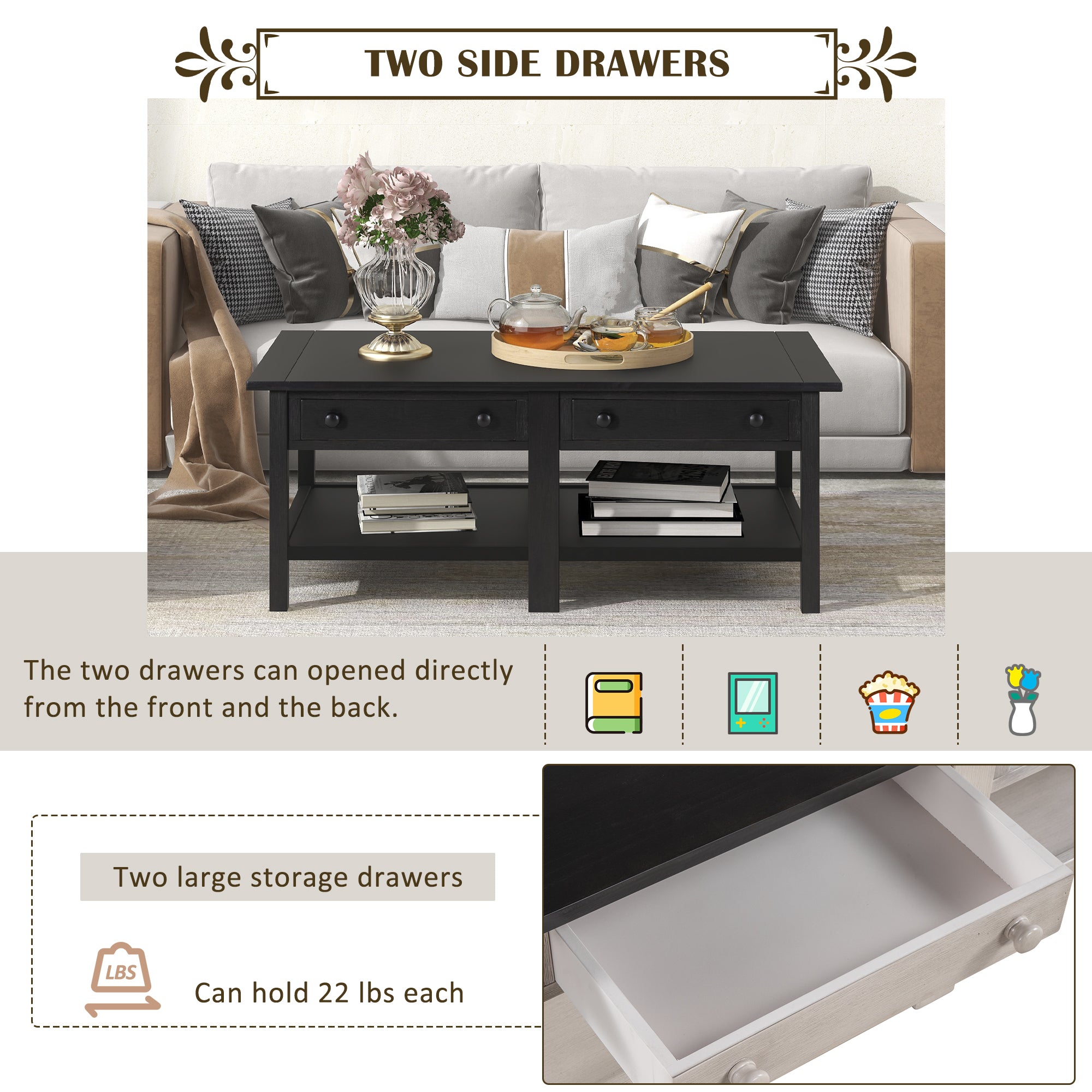 2-Drawer Solid Wood Coffee Table with Open Styled Shelf