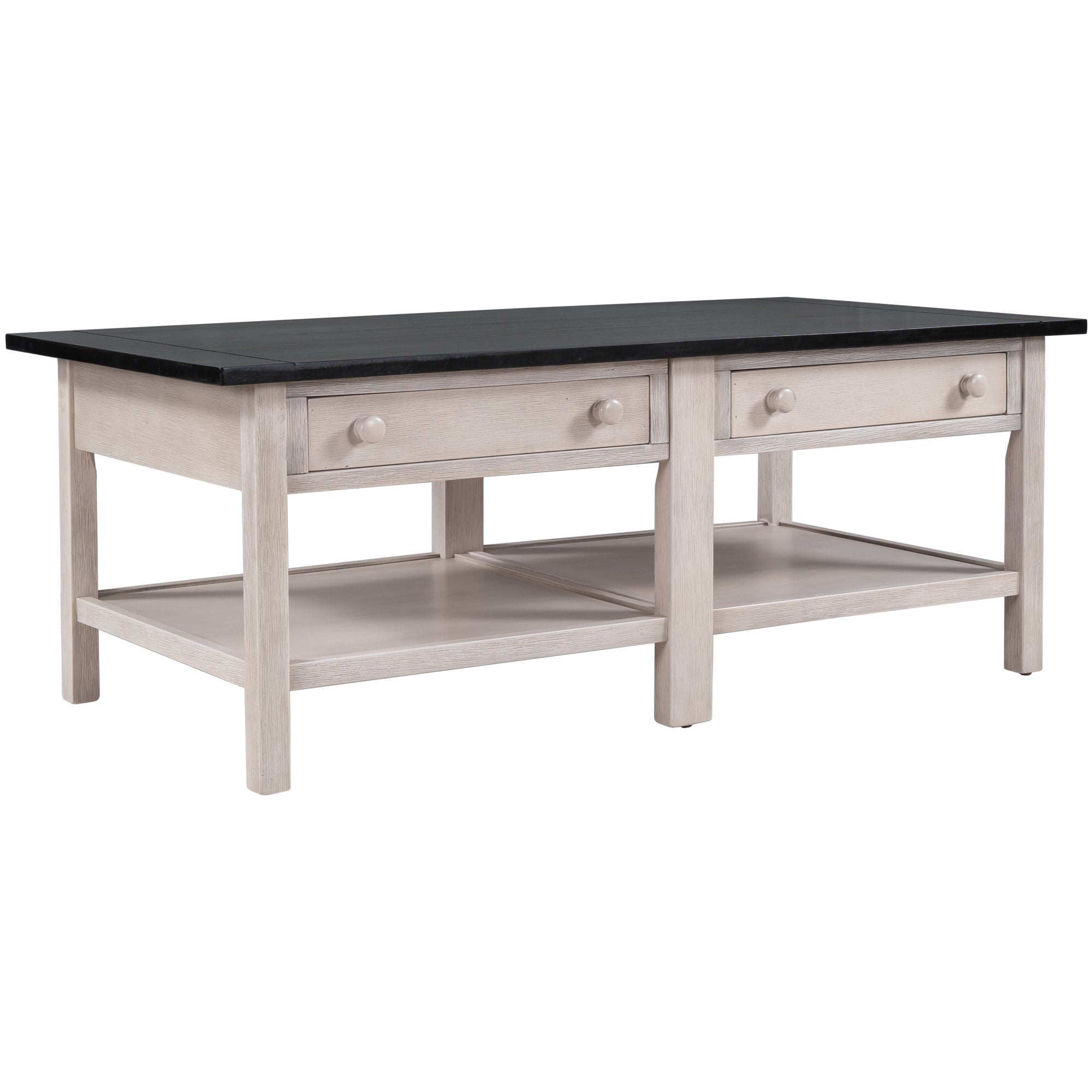 2-Drawer Solid Wood Coffee Table with Open Styled Shelf