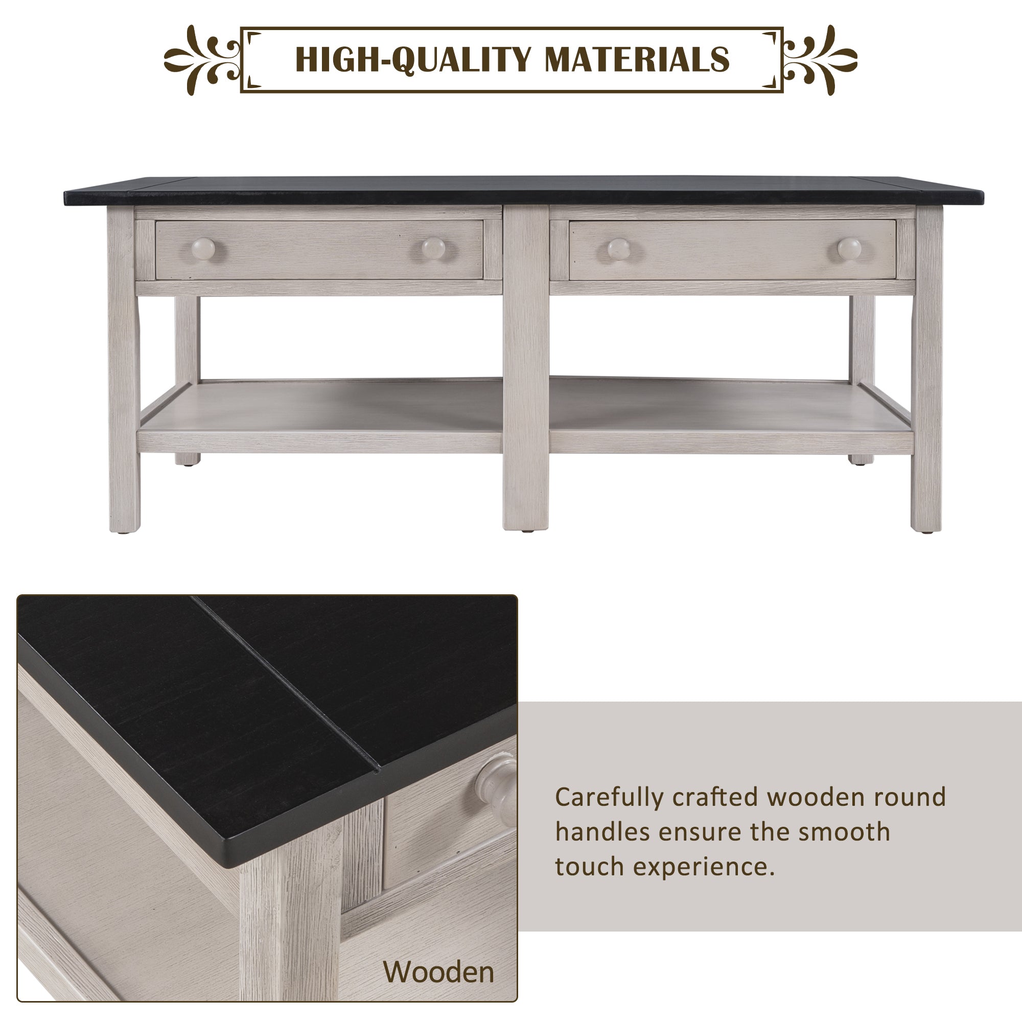 2-Drawer Solid Wood Coffee Table with Open Styled Shelf