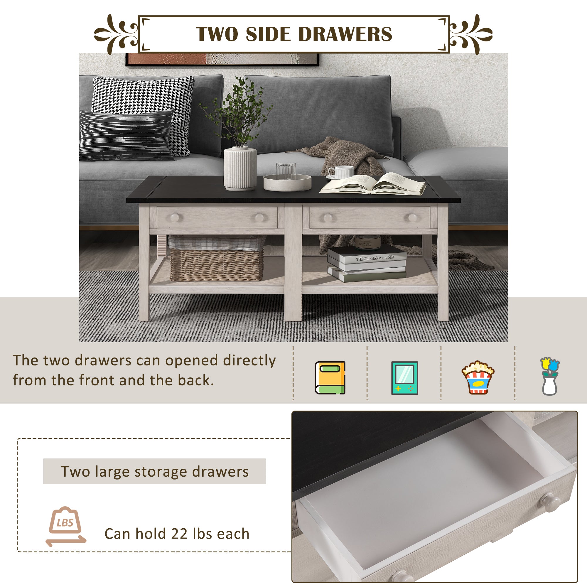 2-Drawer Solid Wood Coffee Table with Open Styled Shelf