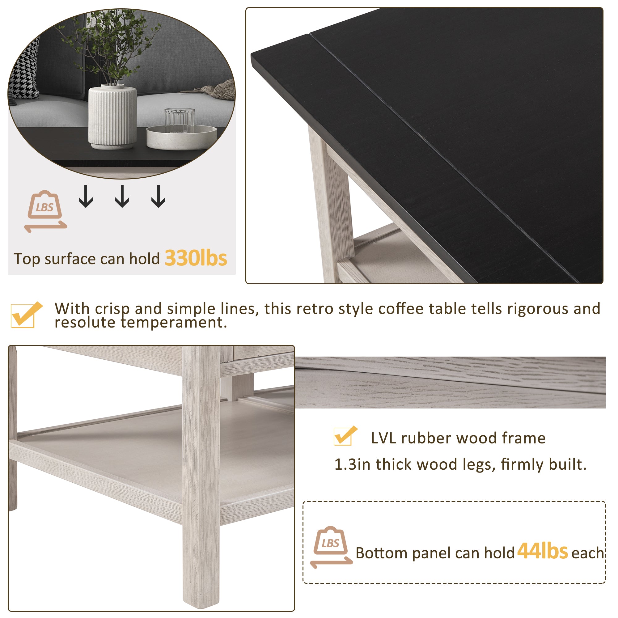 2-Drawer Solid Wood Coffee Table with Open Styled Shelf