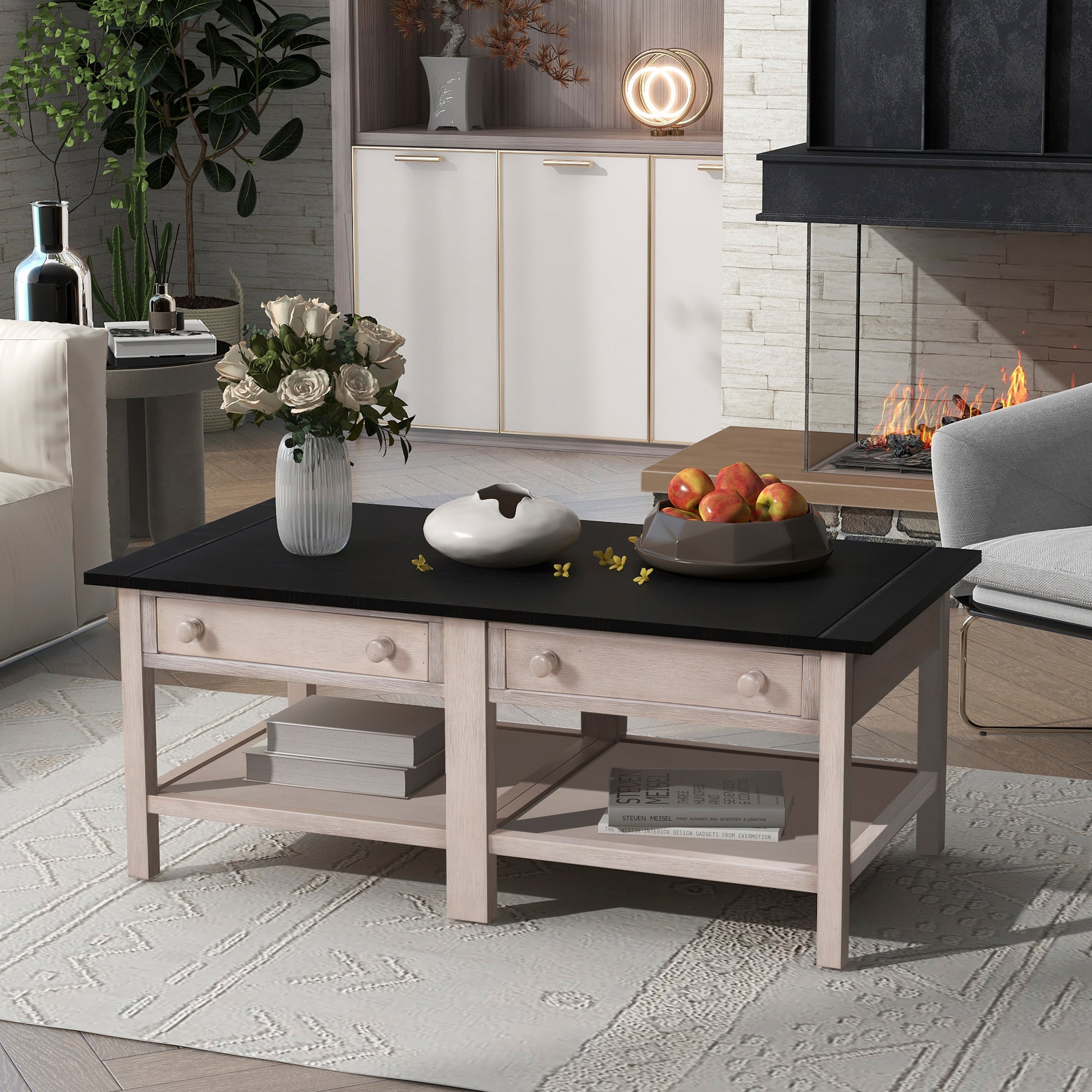 2-Drawer Solid Wood Coffee Table with Open Styled Shelf