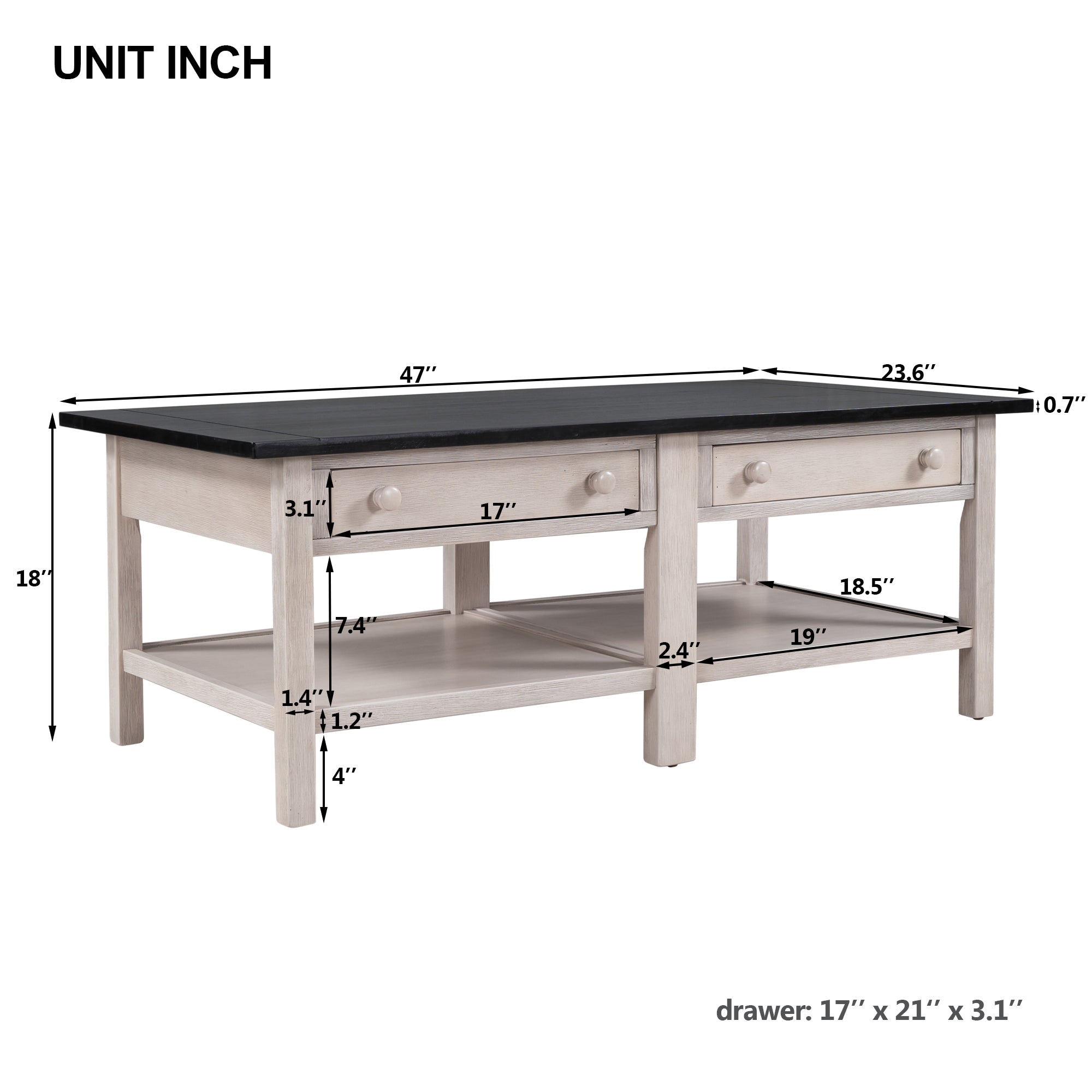 2-Drawer Solid Wood Coffee Table with Open Styled Shelf