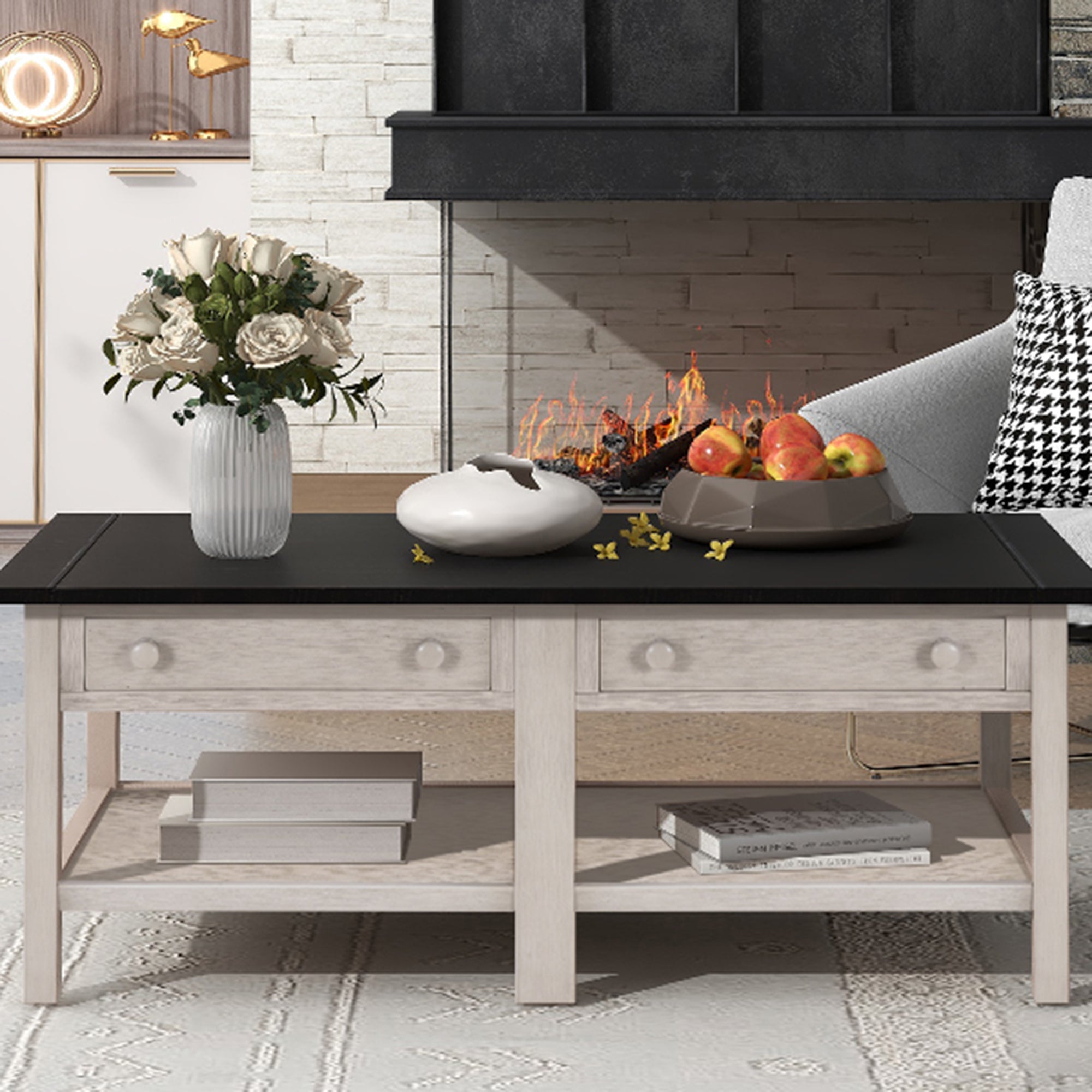 2-Drawer Solid Wood Coffee Table with Open Styled Shelf