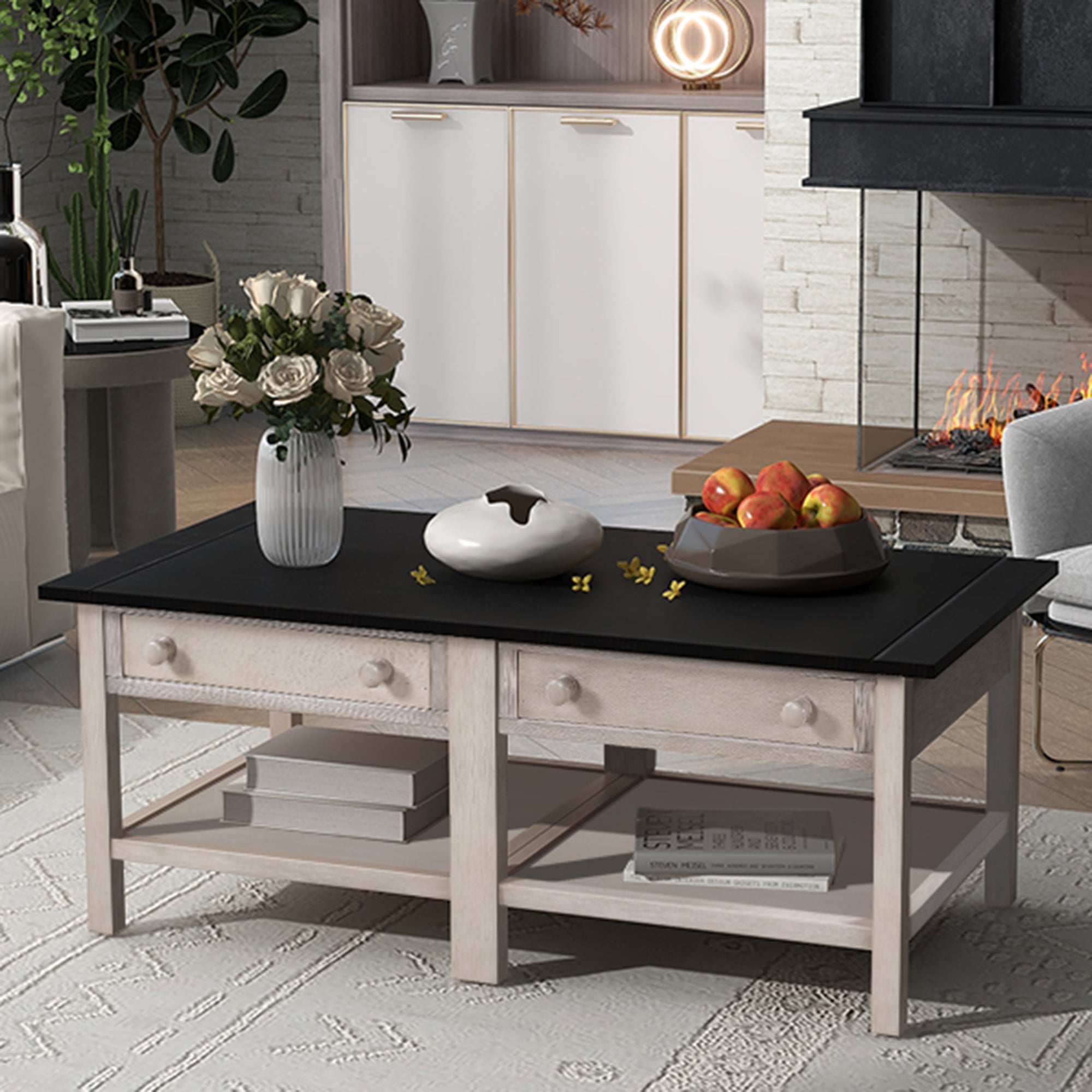 2-Drawer Solid Wood Coffee Table with Open Styled Shelf