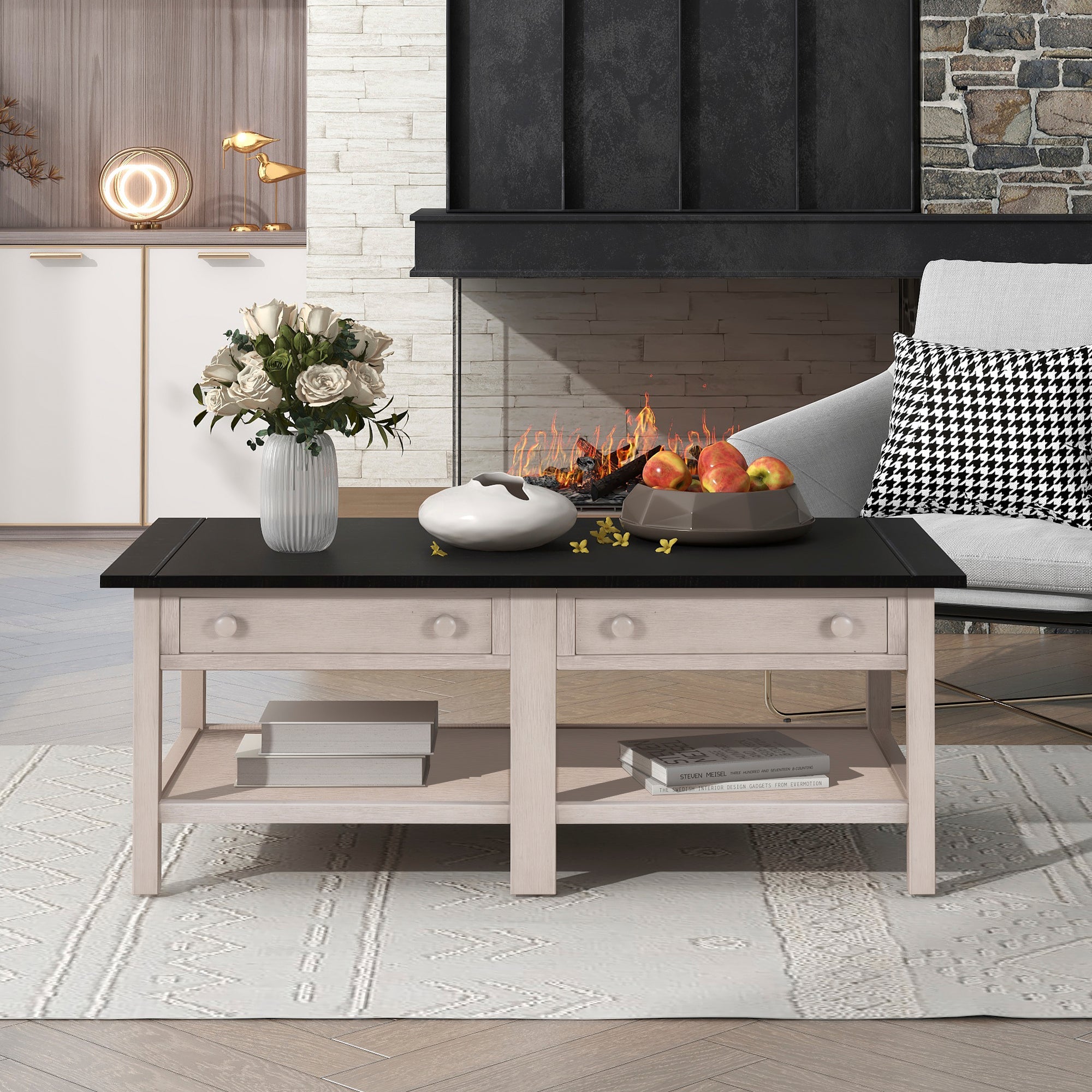 2-Drawer Solid Wood Coffee Table with Open Styled Shelf