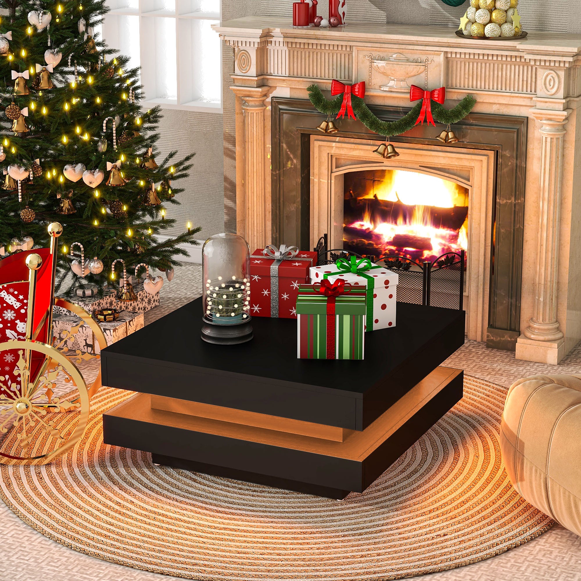 2-Tier Wood Coffee Table with 16-color LED Lights