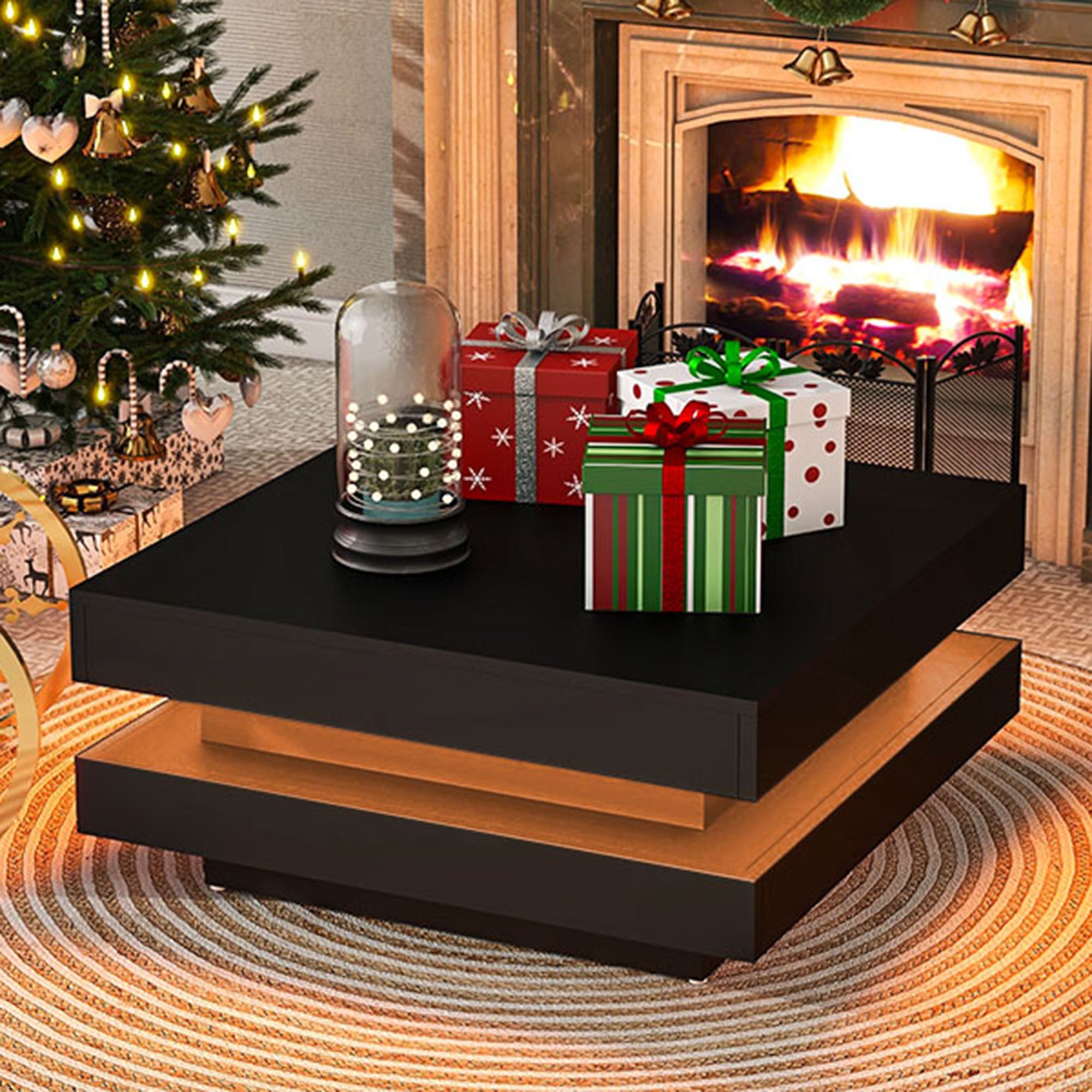 2-Tier Wood Coffee Table with 16-color LED Lights