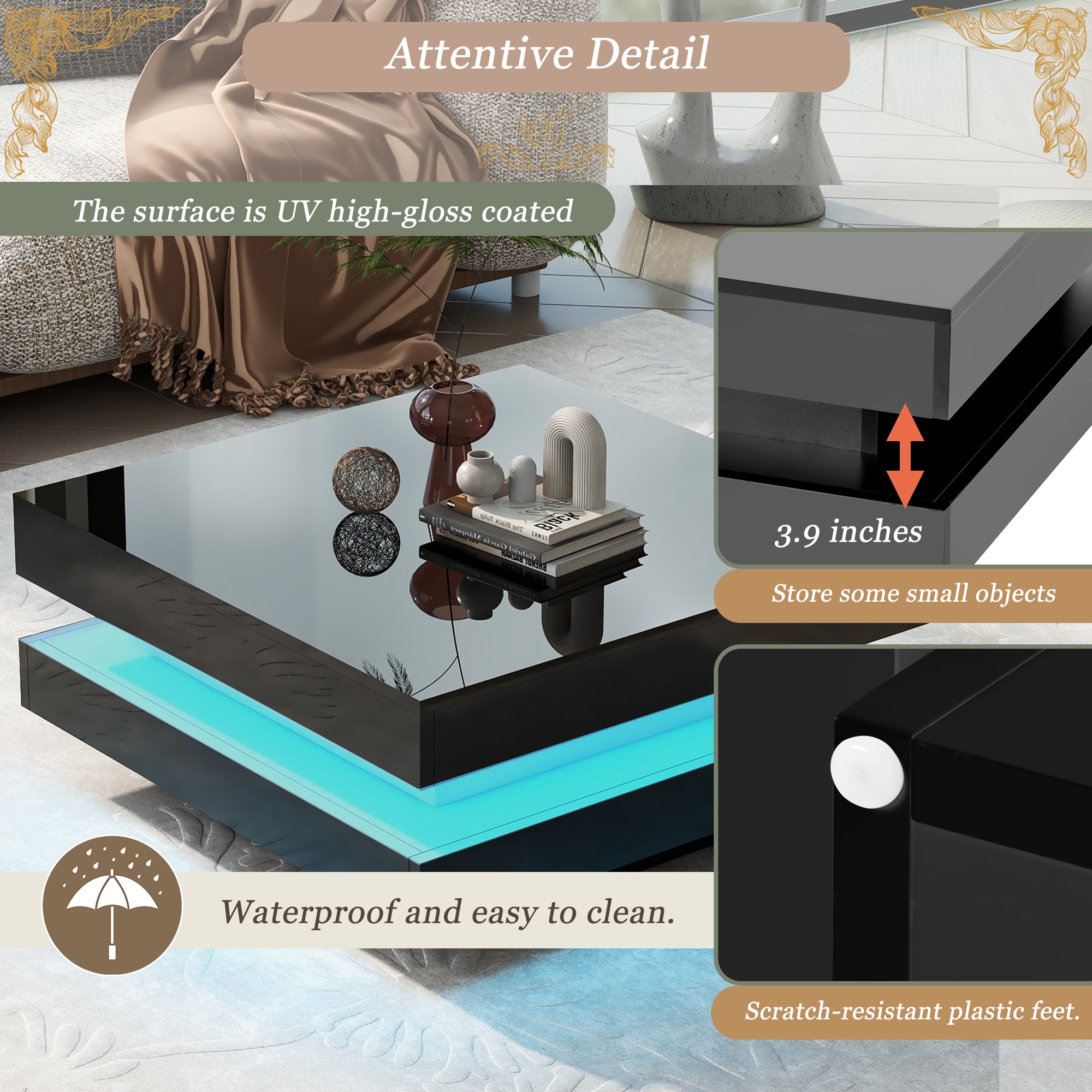 2-Tier Wood Coffee Table with 16-color LED Lights