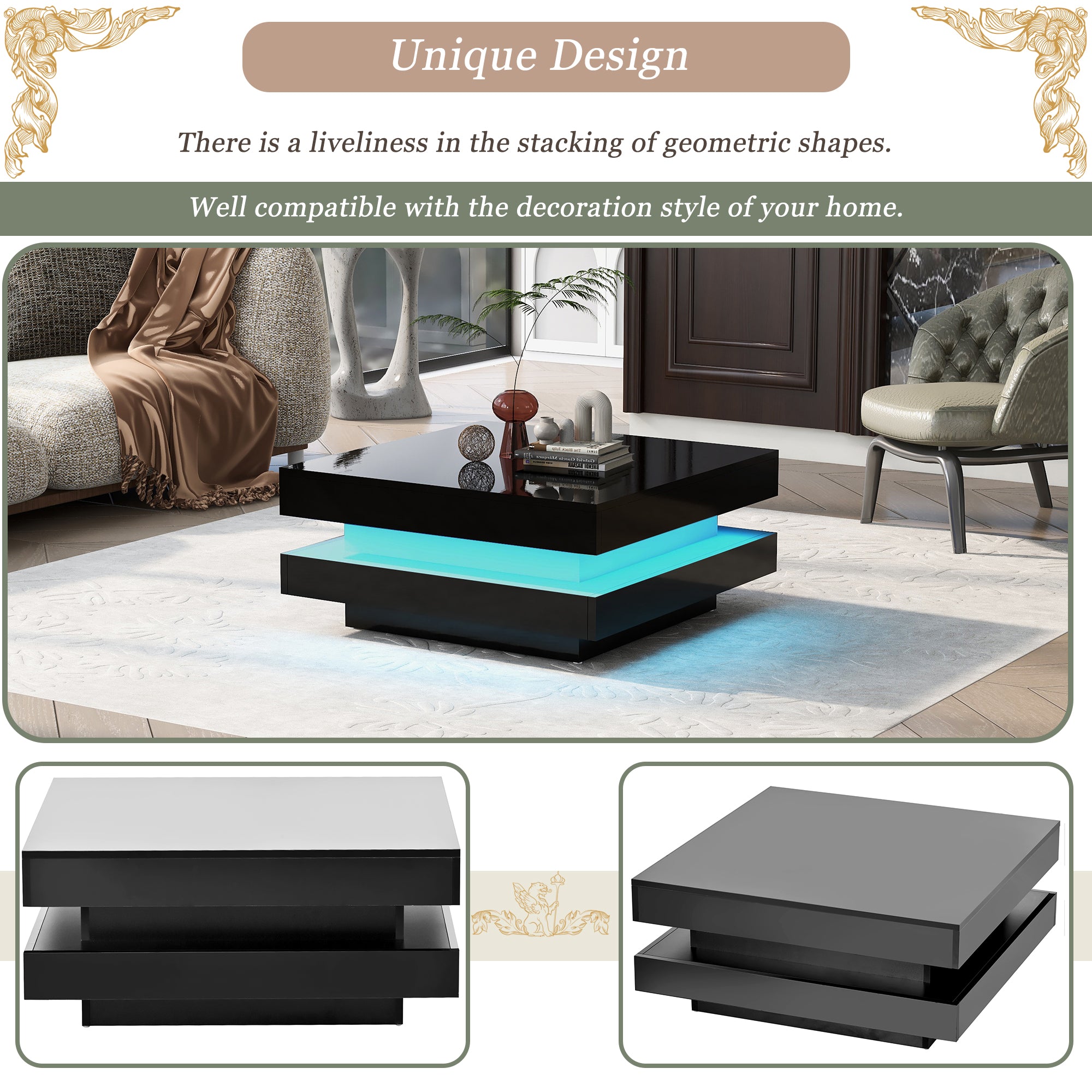 2-Tier Wood Coffee Table with 16-color LED Lights