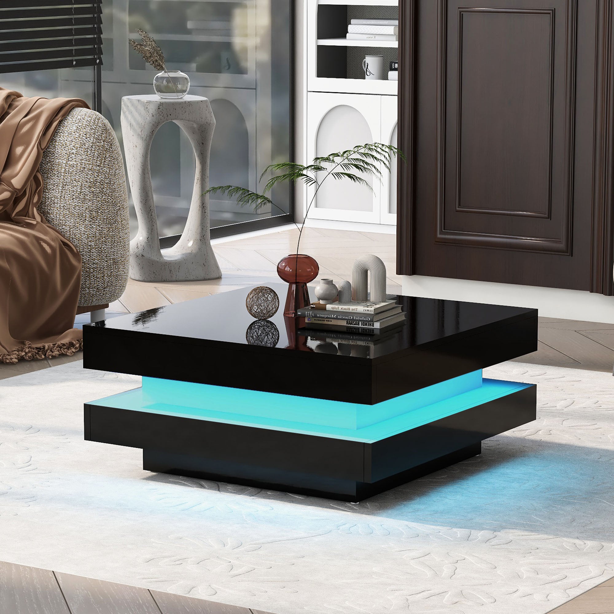 2-Tier Wood Coffee Table with 16-color LED Lights