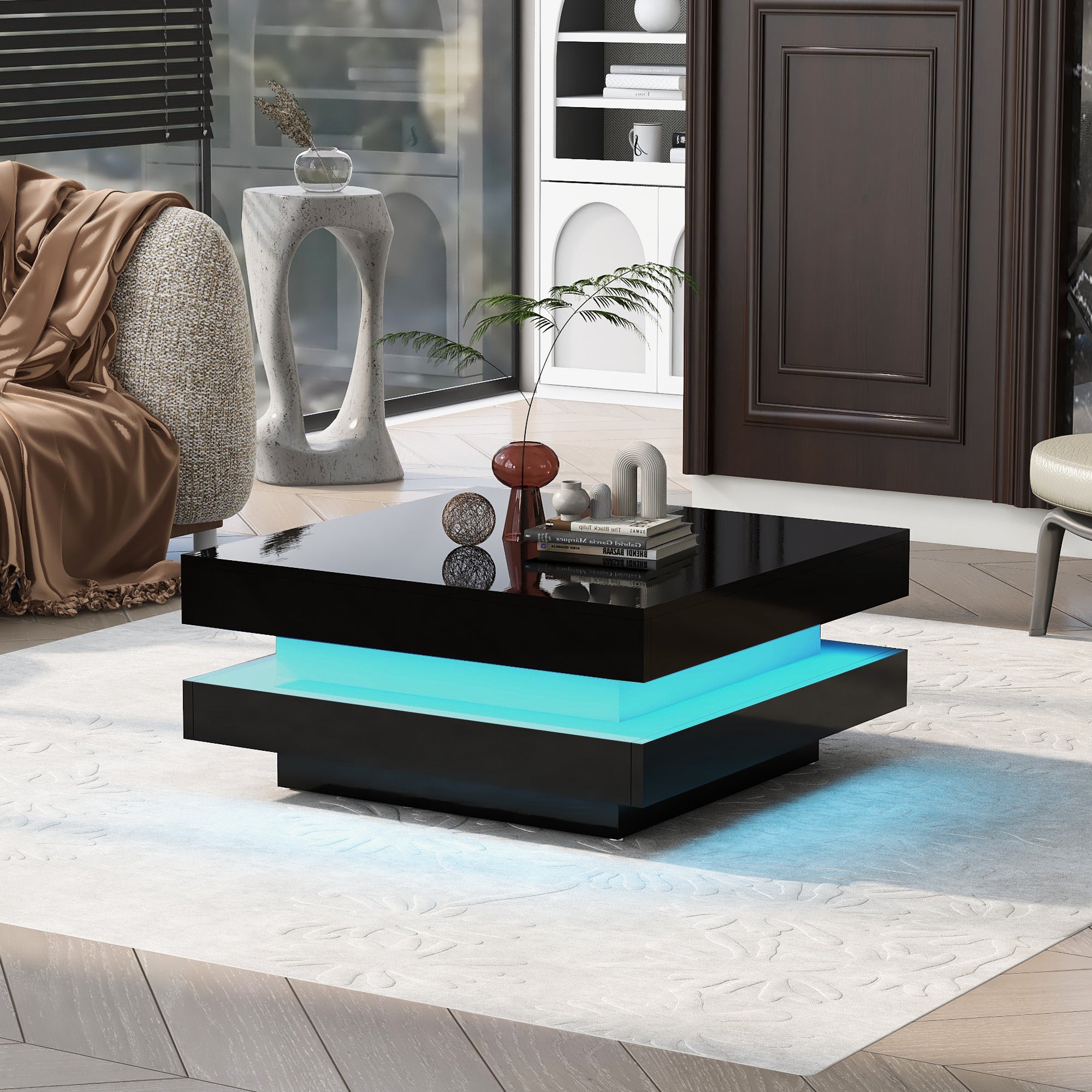 2-Tier Wood Coffee Table with 16-color LED Lights