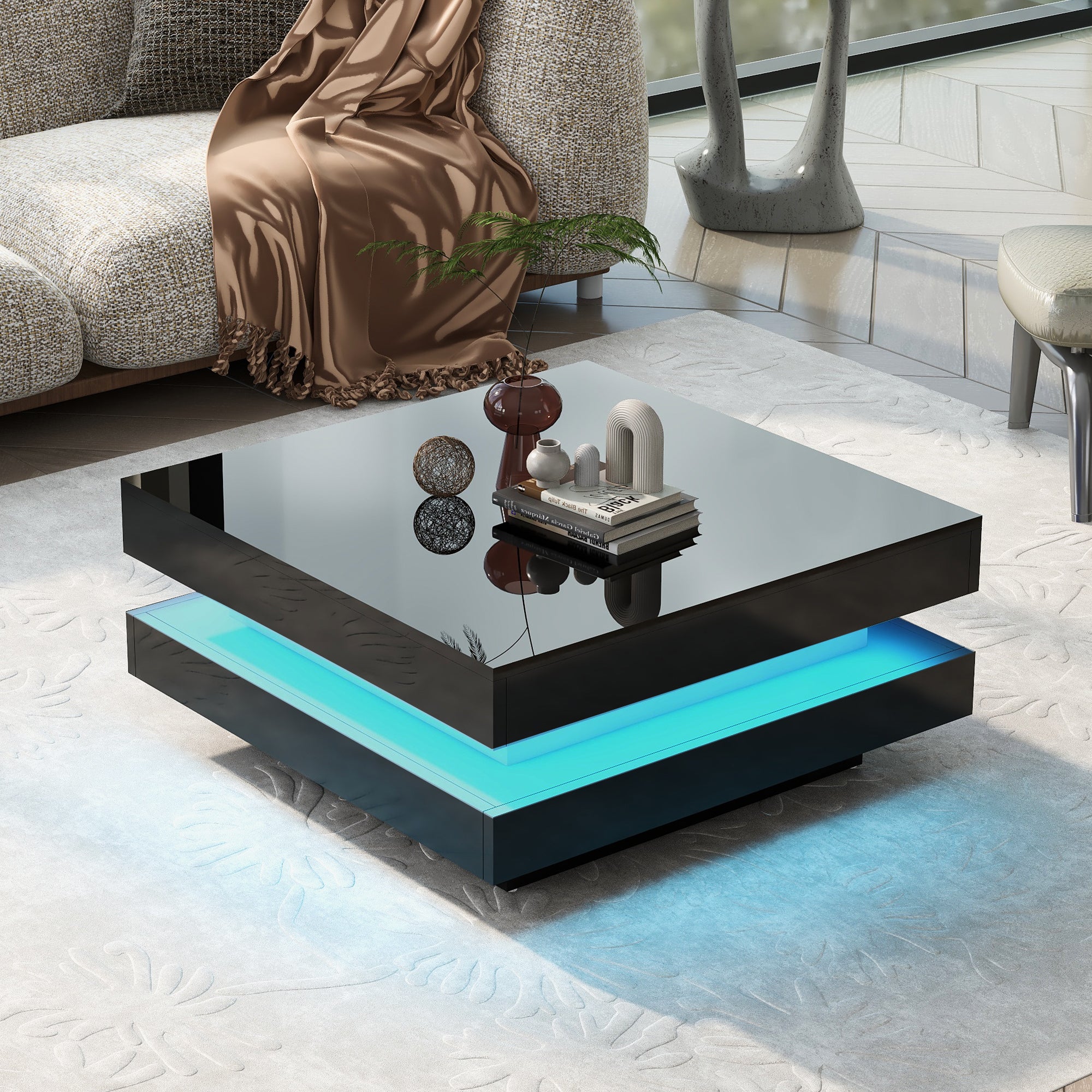 2-Tier Wood Coffee Table with 16-color LED Lights