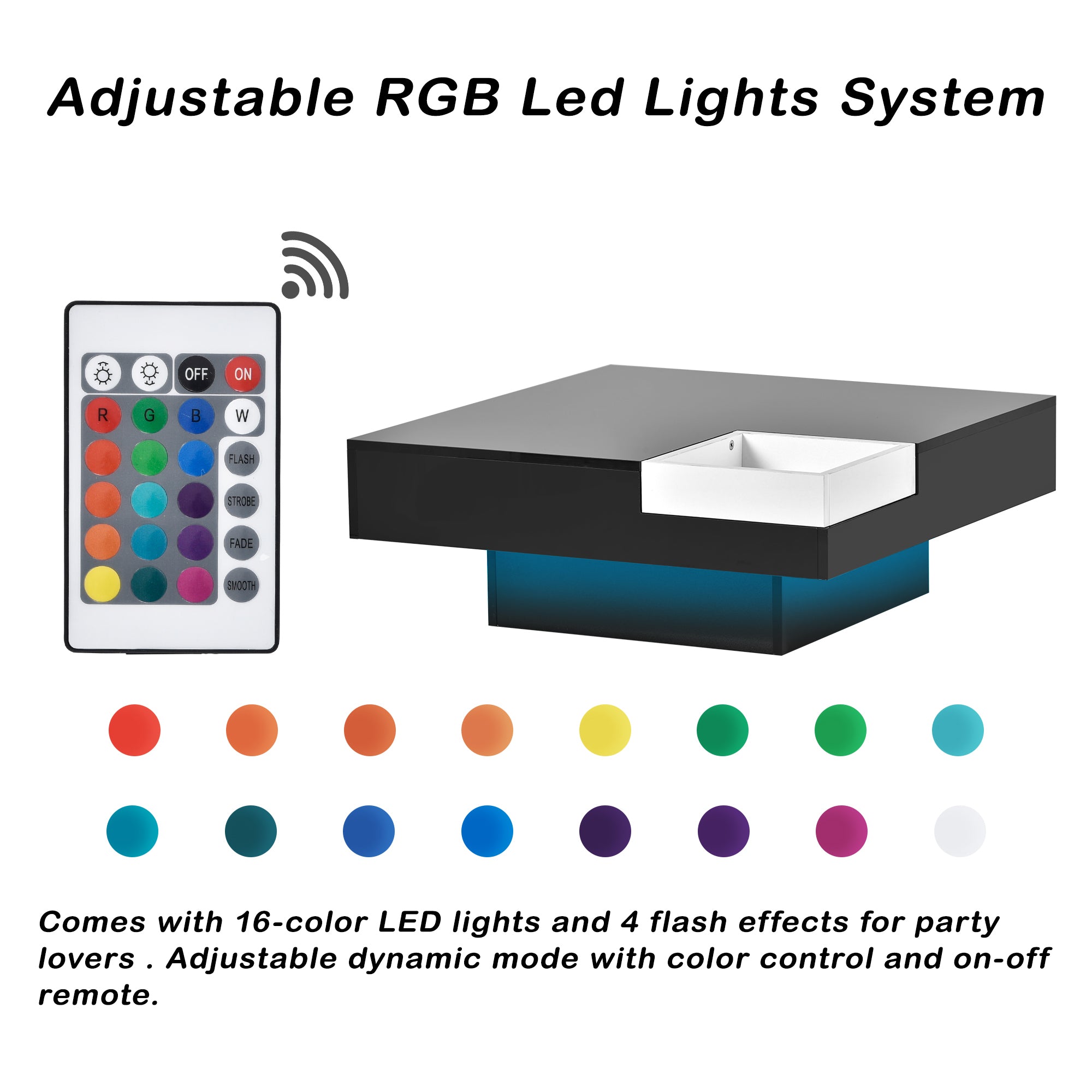 Square Coffee Table with 16-color LED Lights