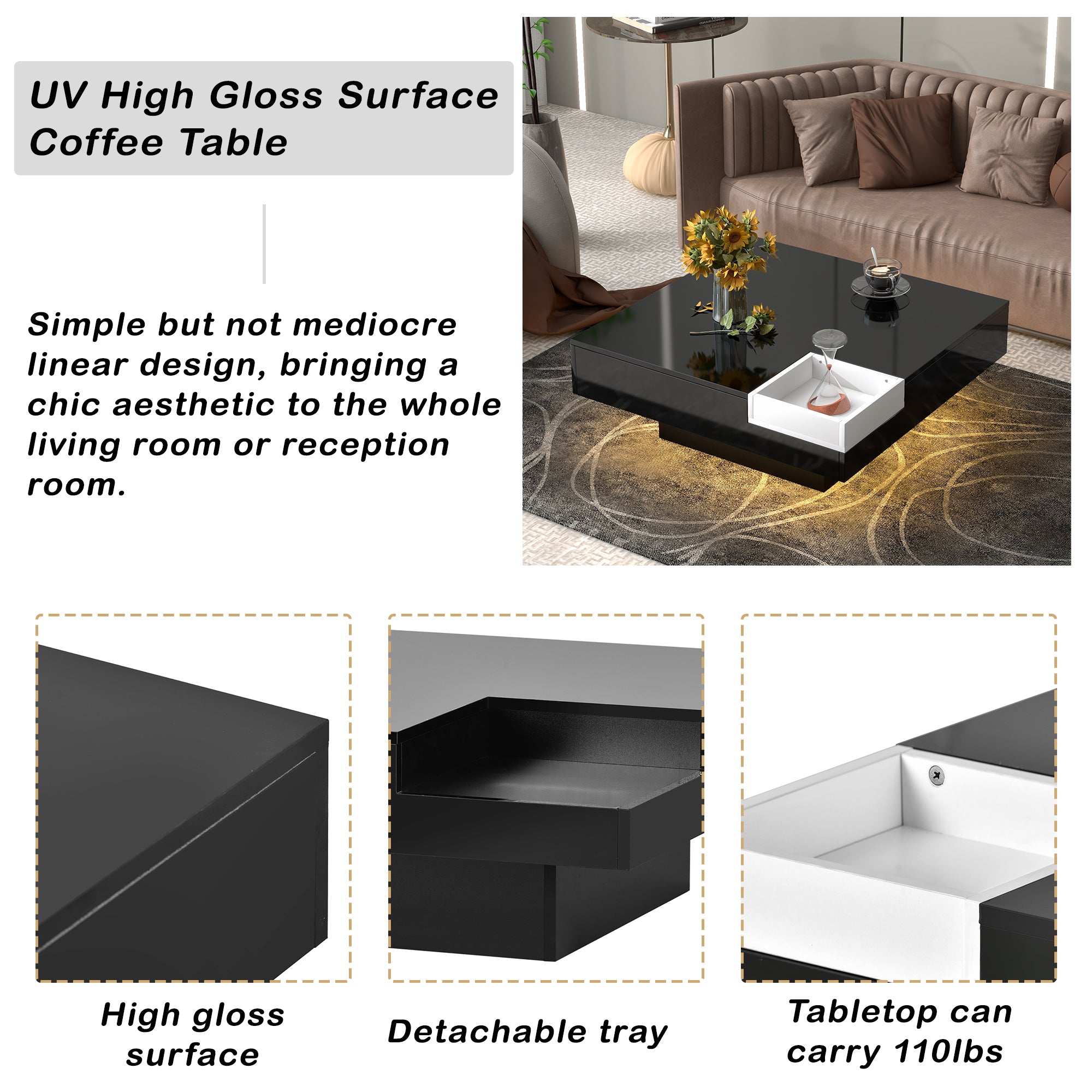 Square Coffee Table with 16-color LED Lights