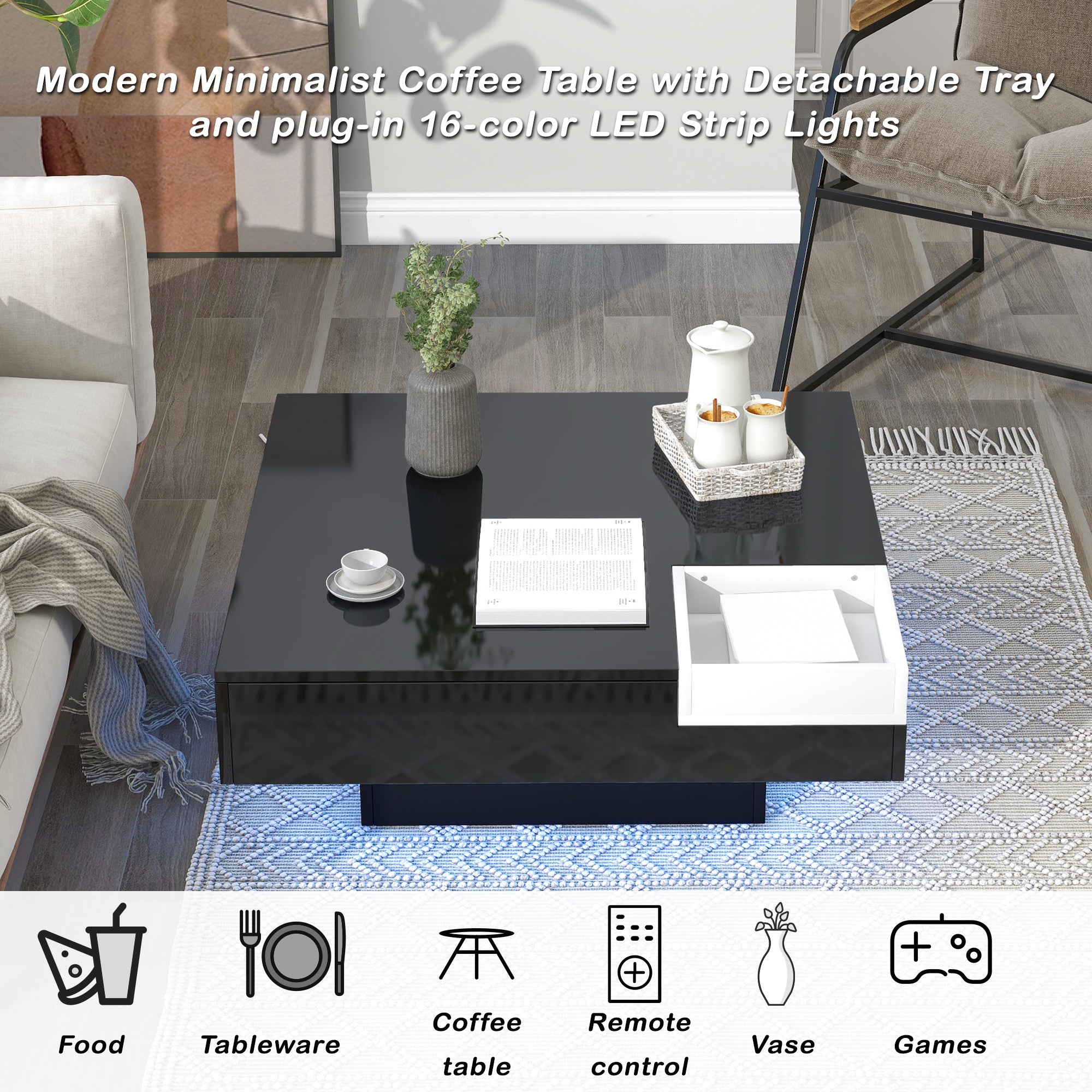 Square Coffee Table with 16-color LED Lights