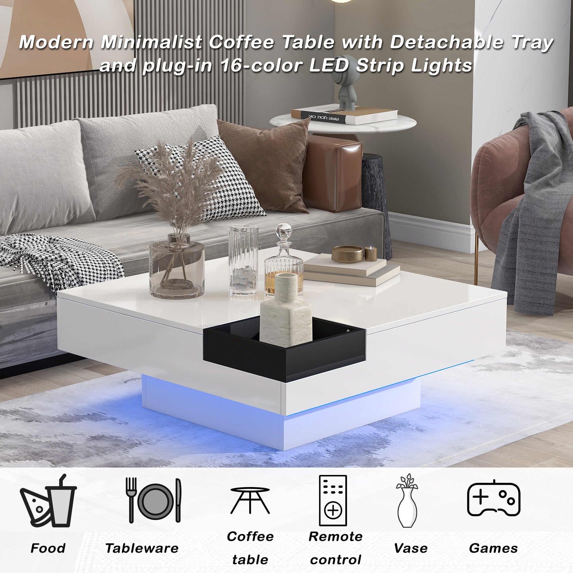Square Coffee Table with 16-color LED Lights