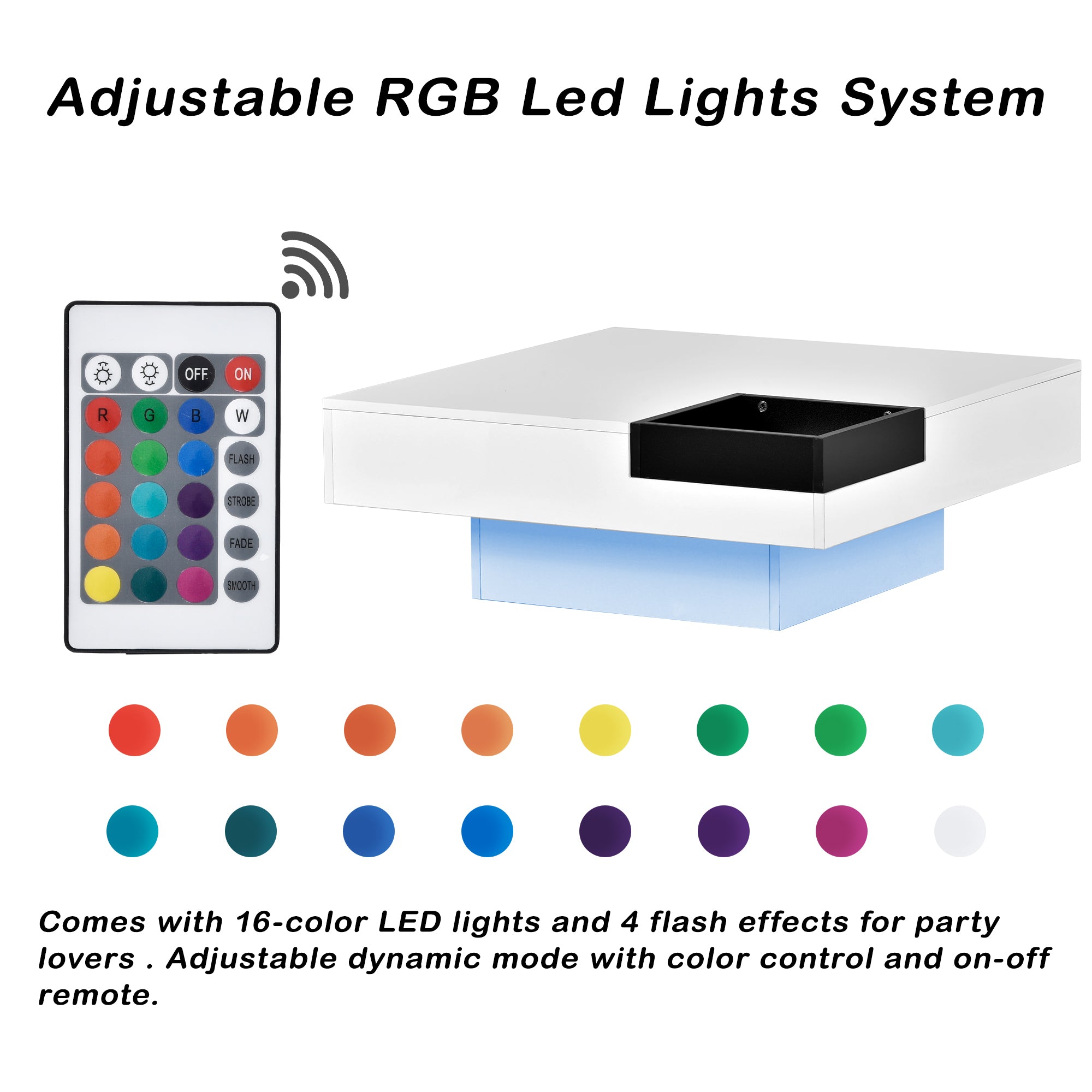 Square Coffee Table with 16-color LED Lights