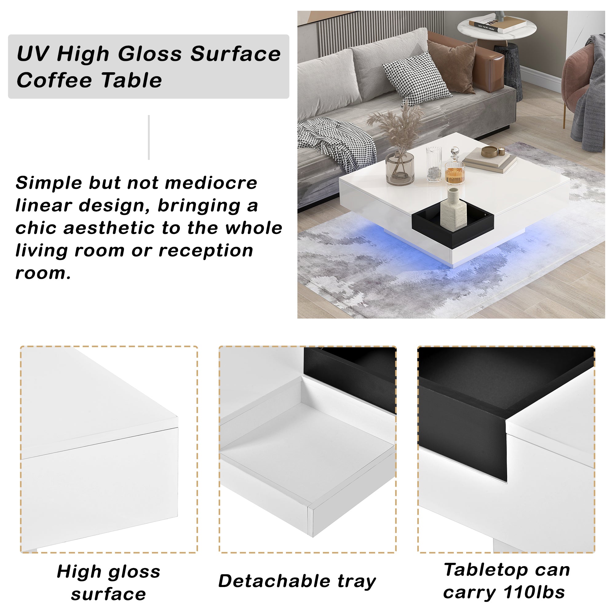 Square Coffee Table with 16-color LED Lights
