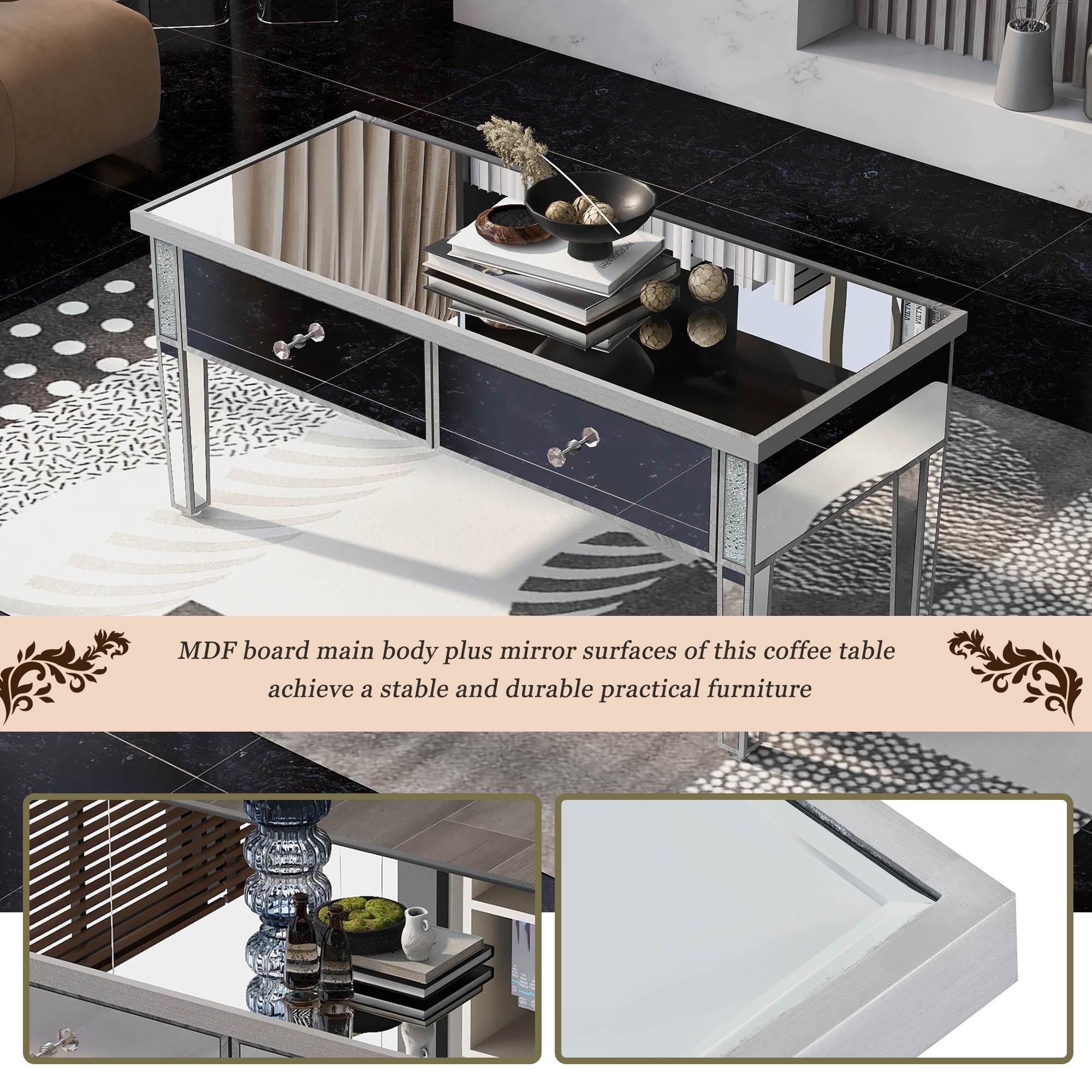 2-Drawer Mirrored Coffee Table with Adjustable Height