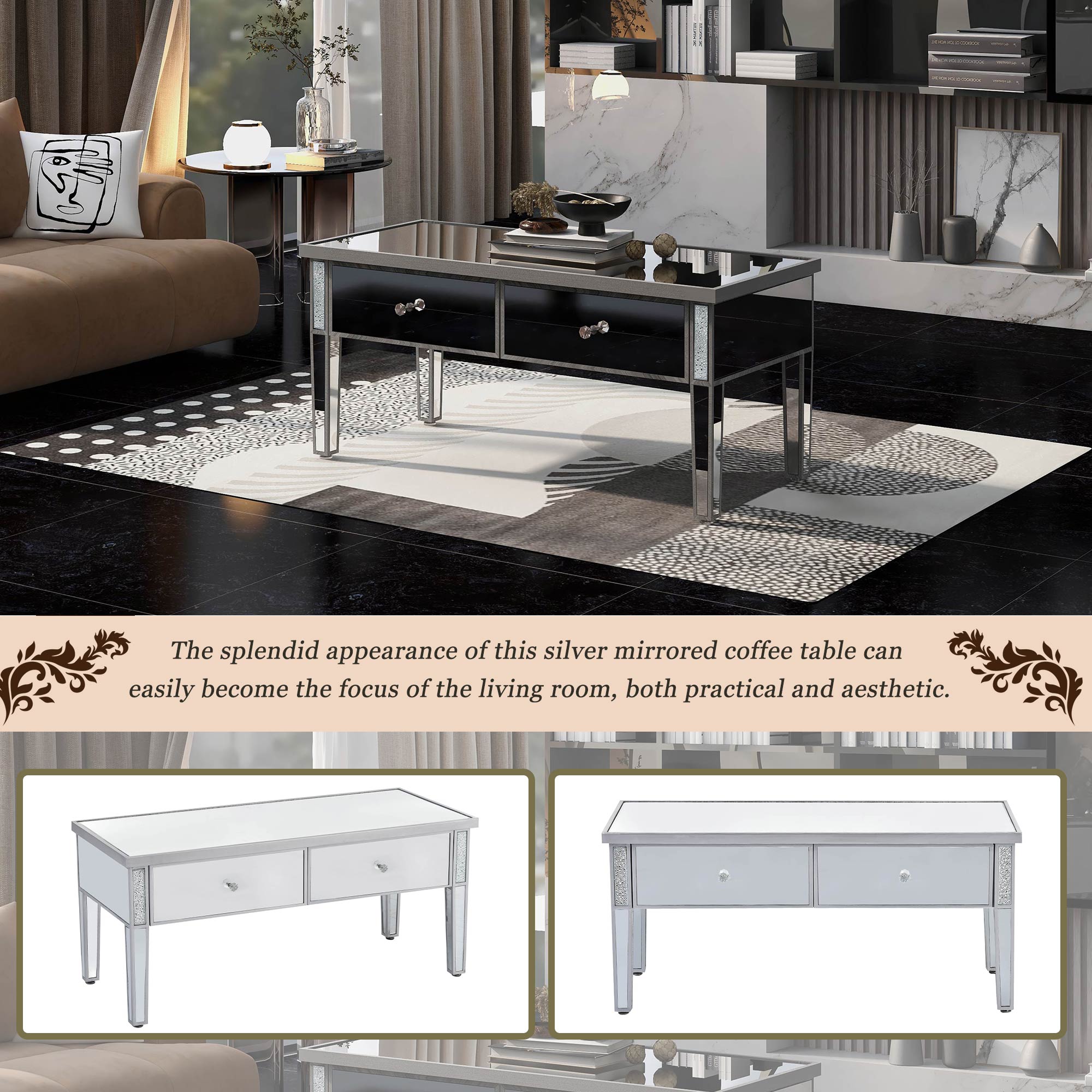 2-Drawer Mirrored Coffee Table with Adjustable Height