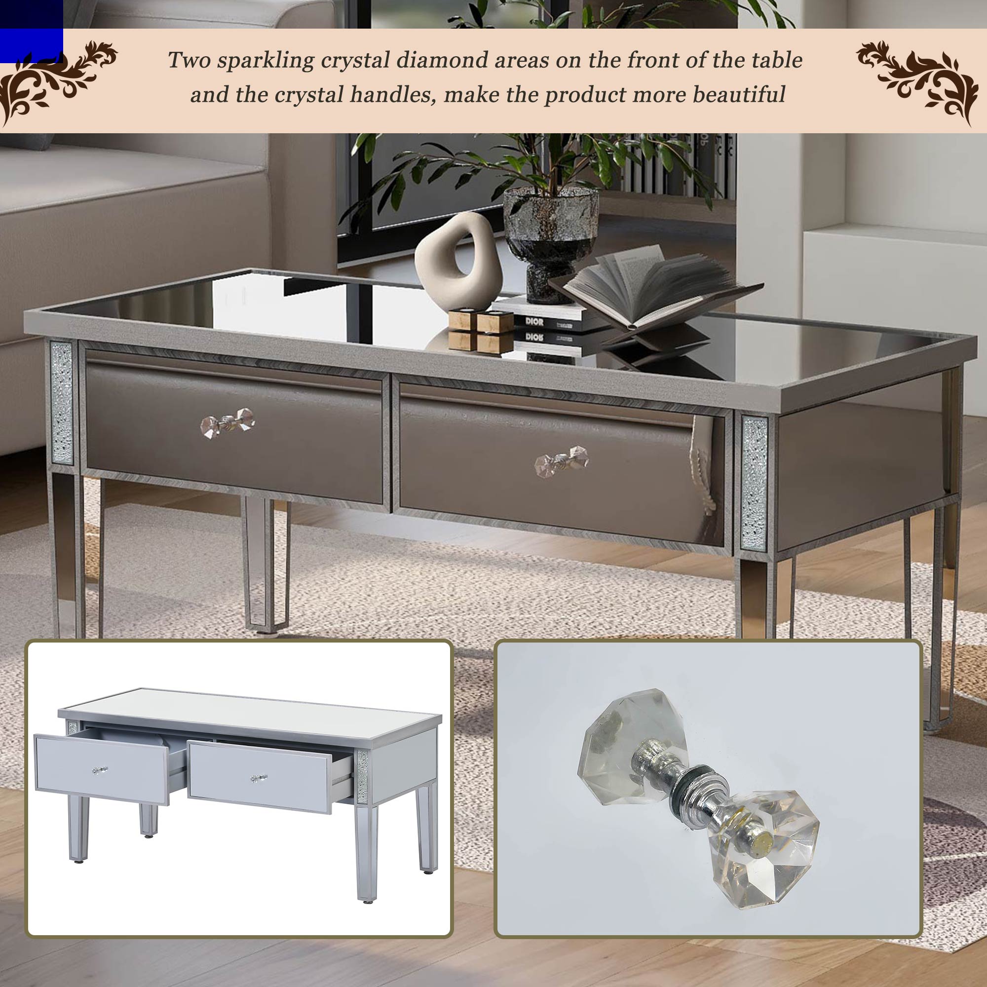 2-Drawer Mirrored Coffee Table with Adjustable Height