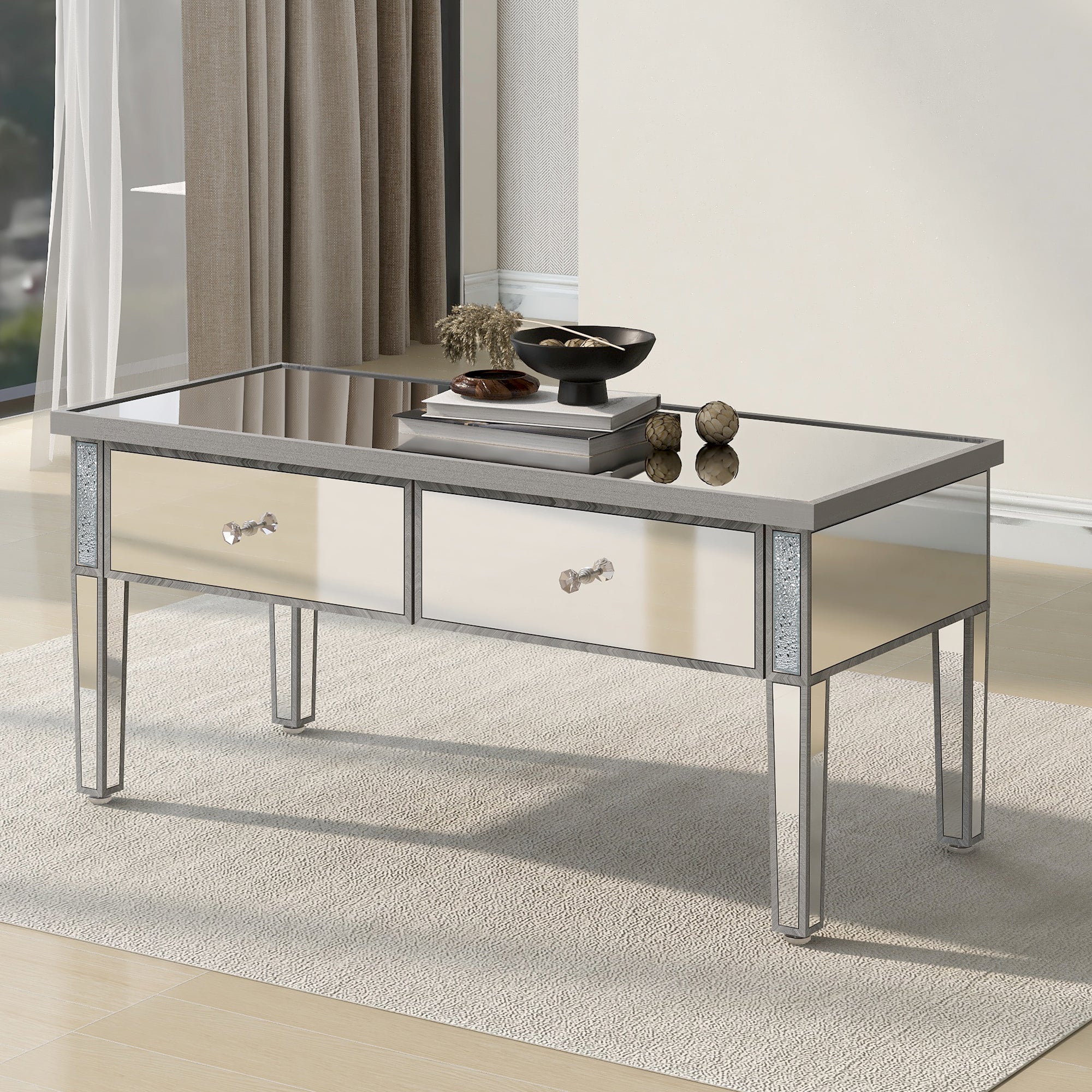 2-Drawer Mirrored Coffee Table with Adjustable Height