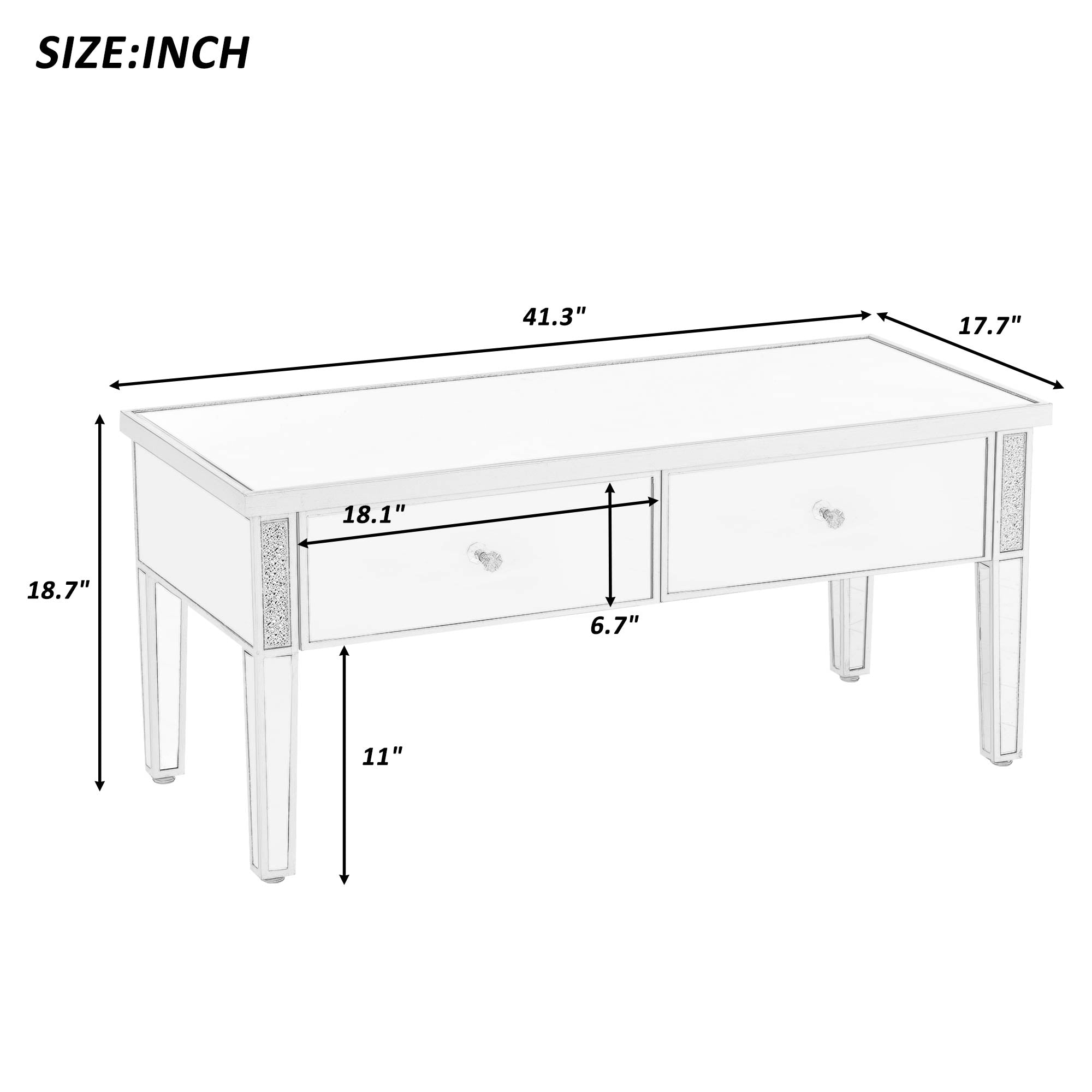 2-Drawer Mirrored Coffee Table with Adjustable Height