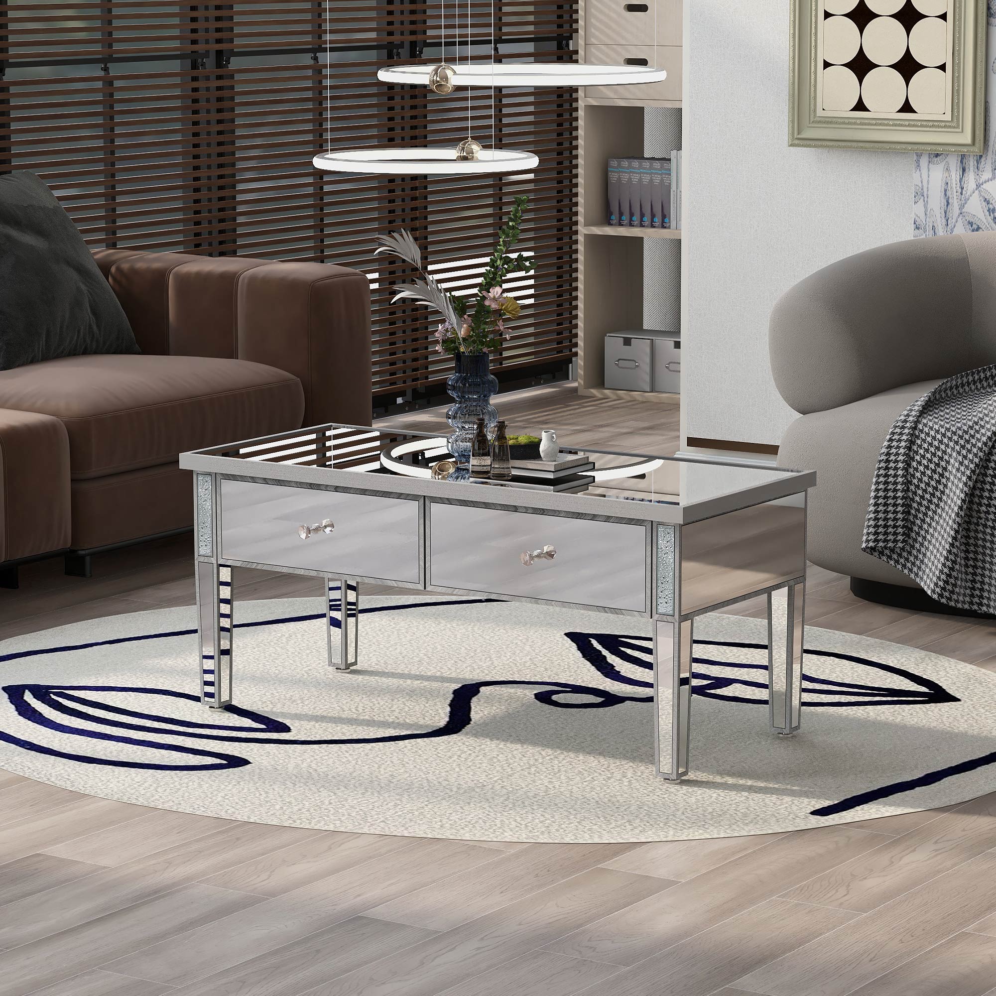 2-Drawer Mirrored Coffee Table with Adjustable Height