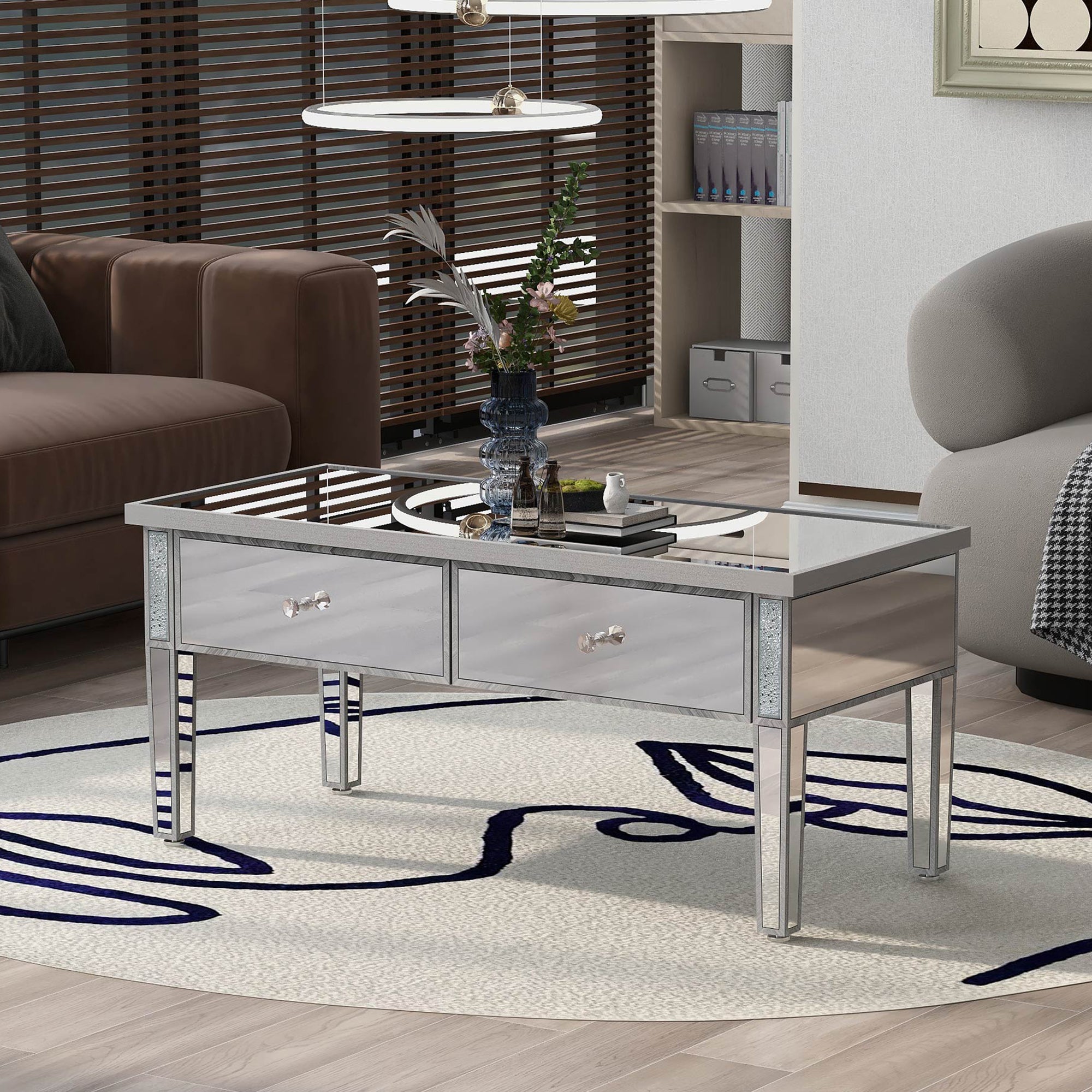 2-Drawer Mirrored Coffee Table with Adjustable Height