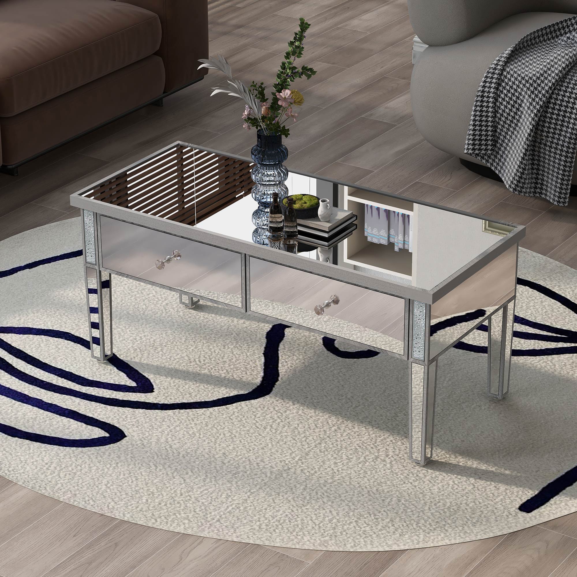 2-Drawer Mirrored Coffee Table with Adjustable Height
