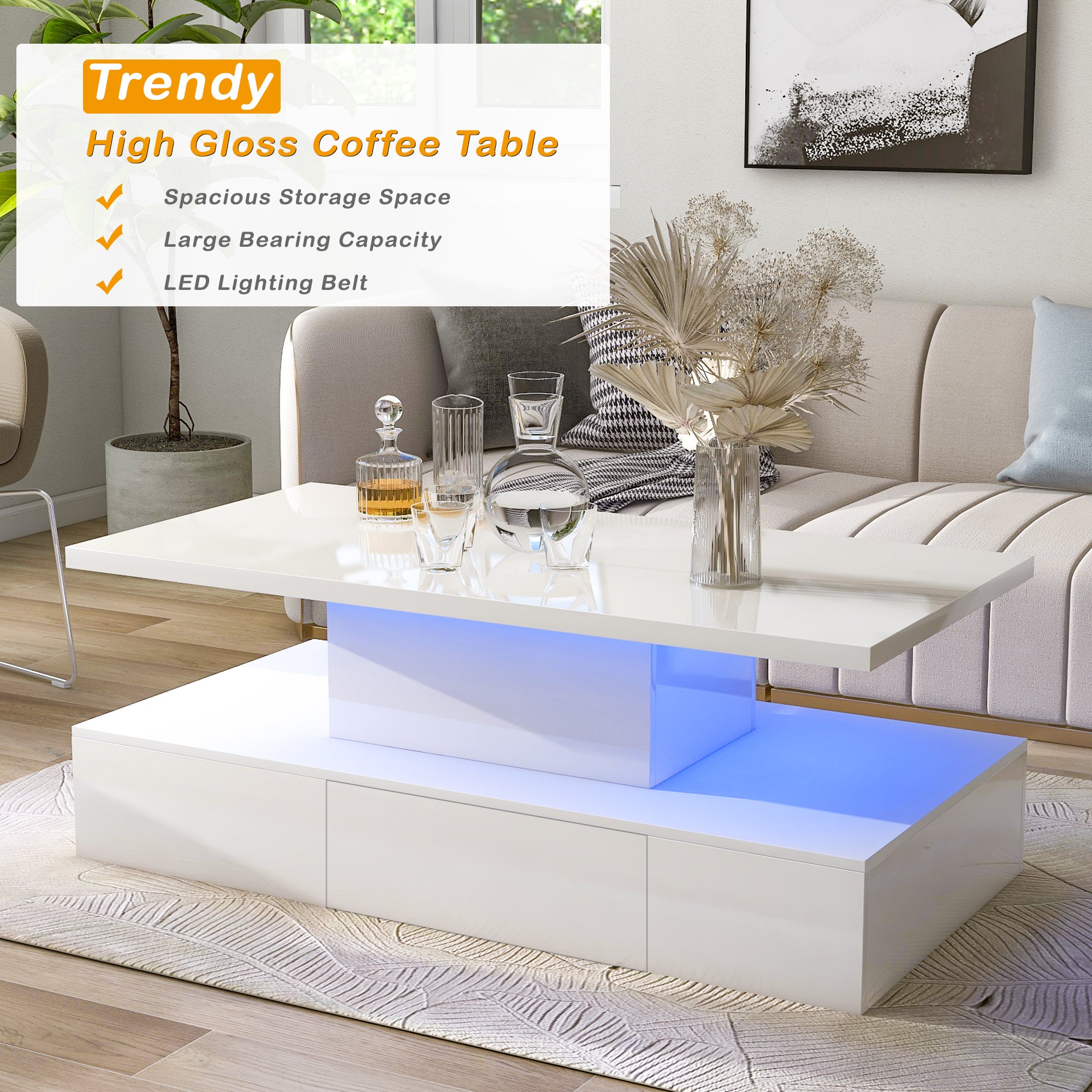 1-Drawer Coffee Table with 16 colors LED Light