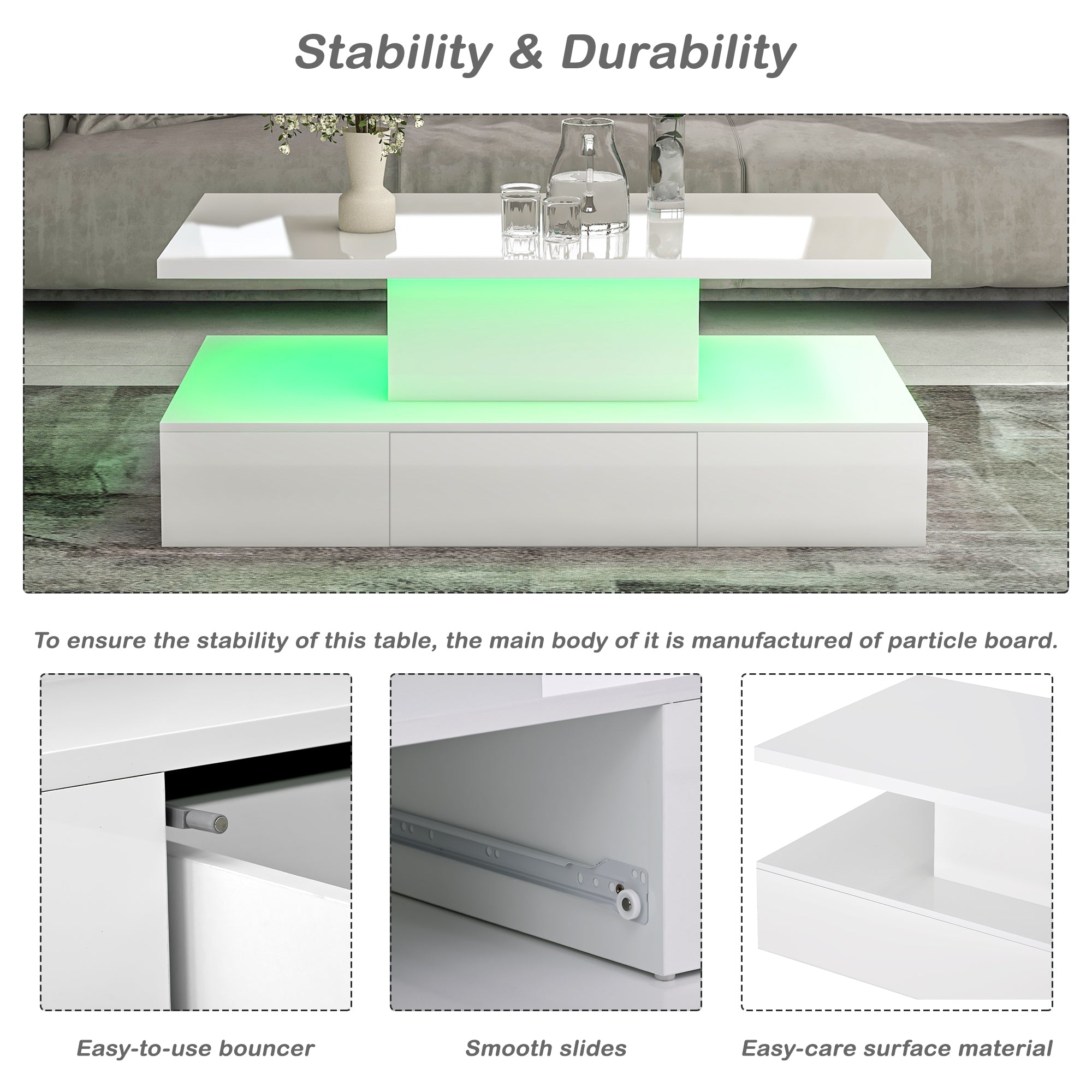 1-Drawer Coffee Table with 16 colors LED Light