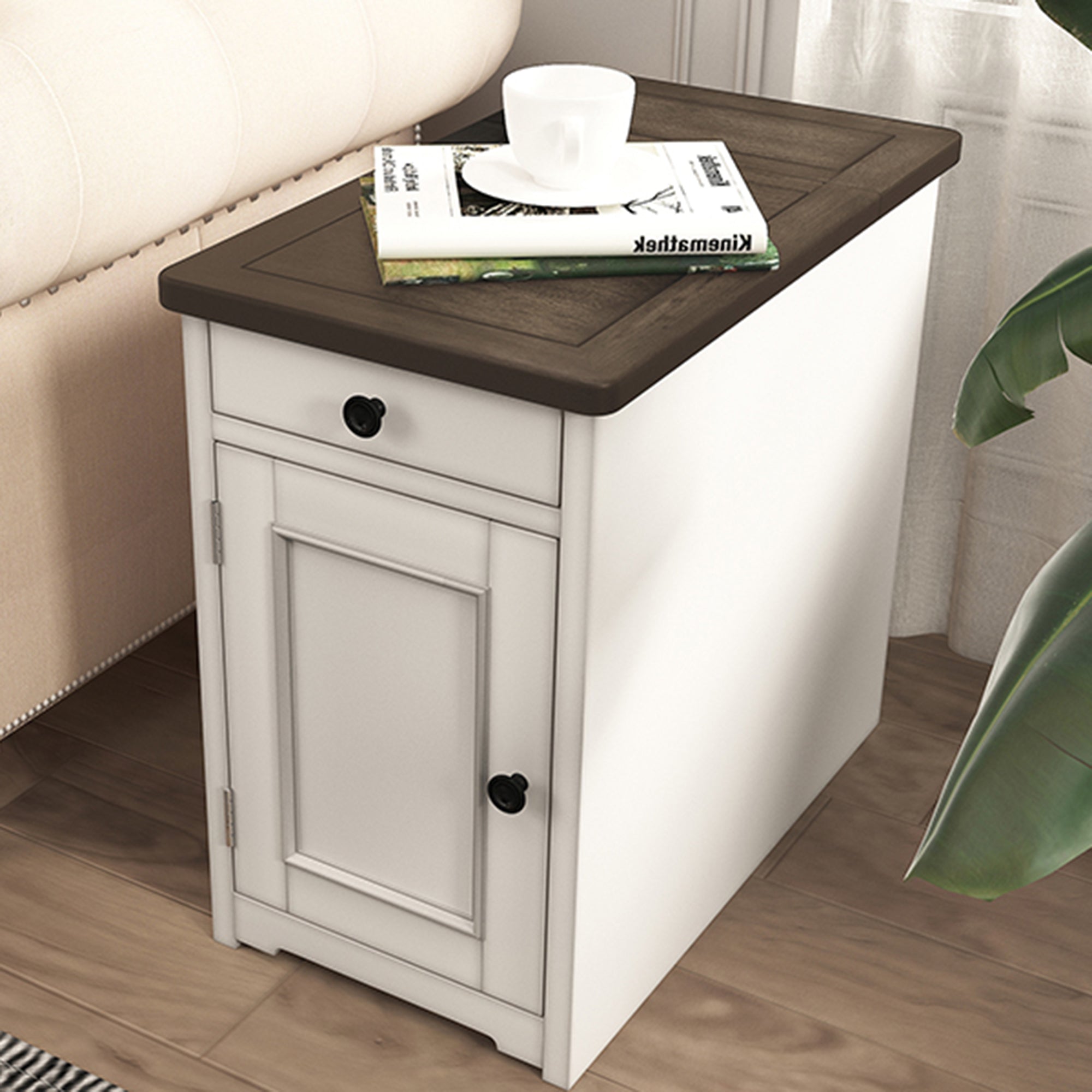 1-Drawer Solid Wood End Table with USB Ports