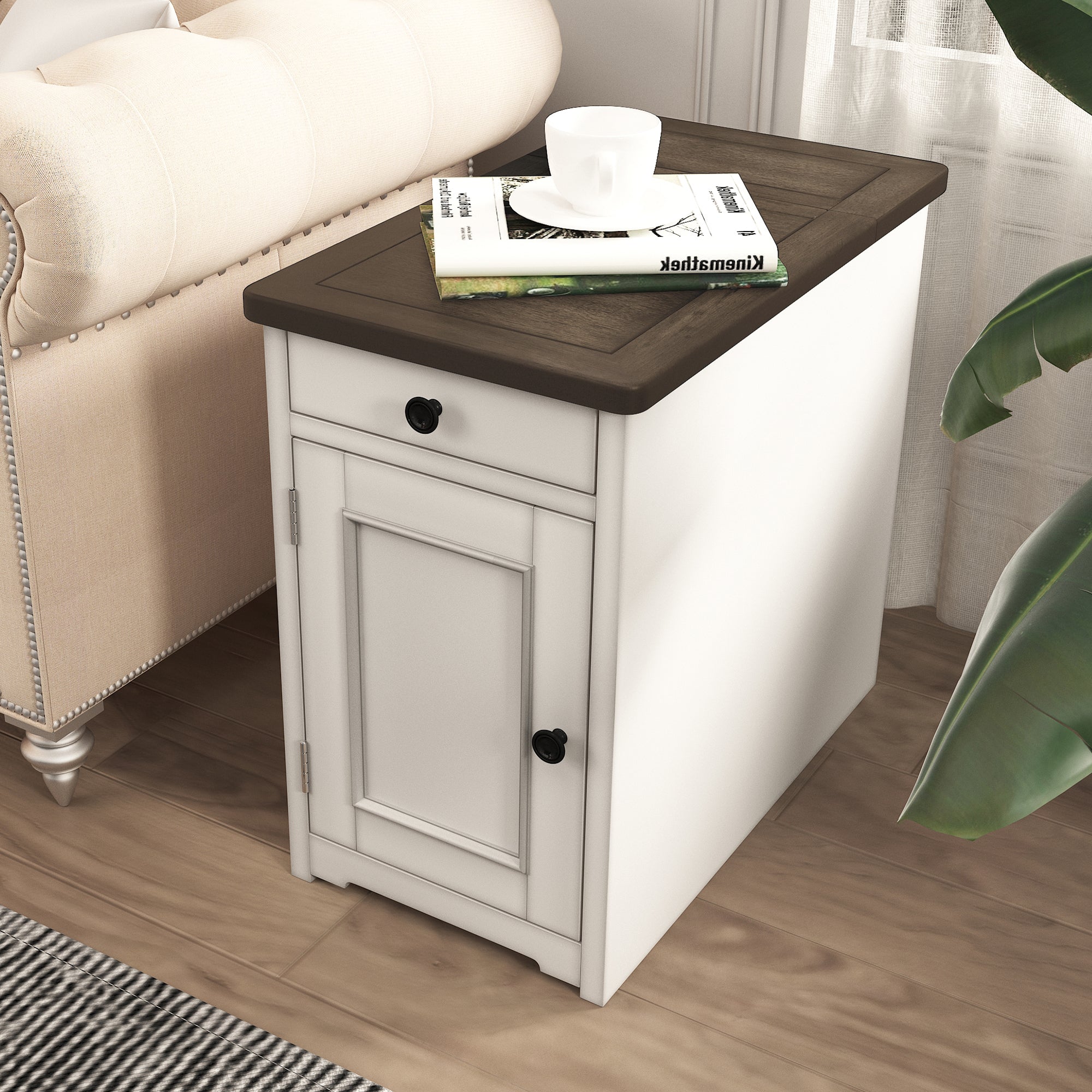 1-Drawer Solid Wood End Table with USB Ports