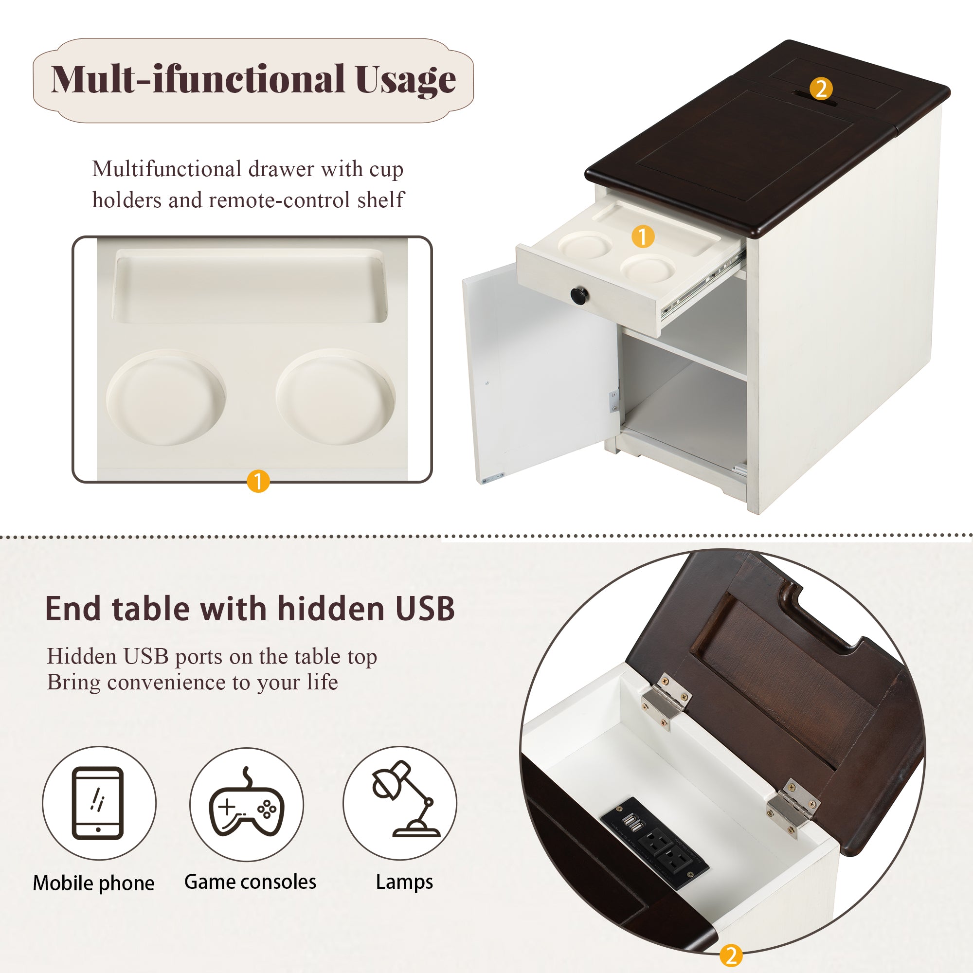 1-Drawer Solid Wood End Table with USB Ports