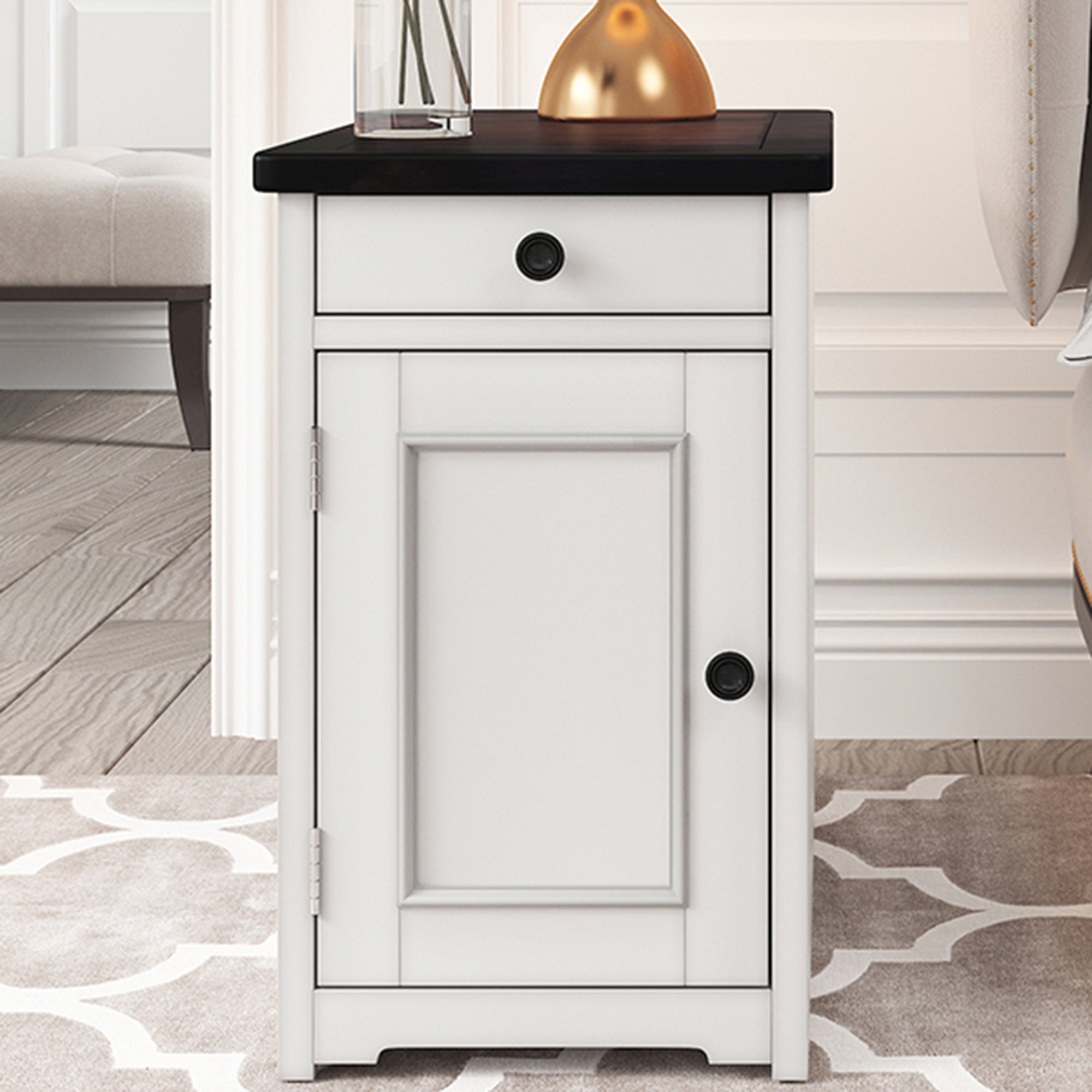 1-Drawer Solid Wood End Table with USB Ports