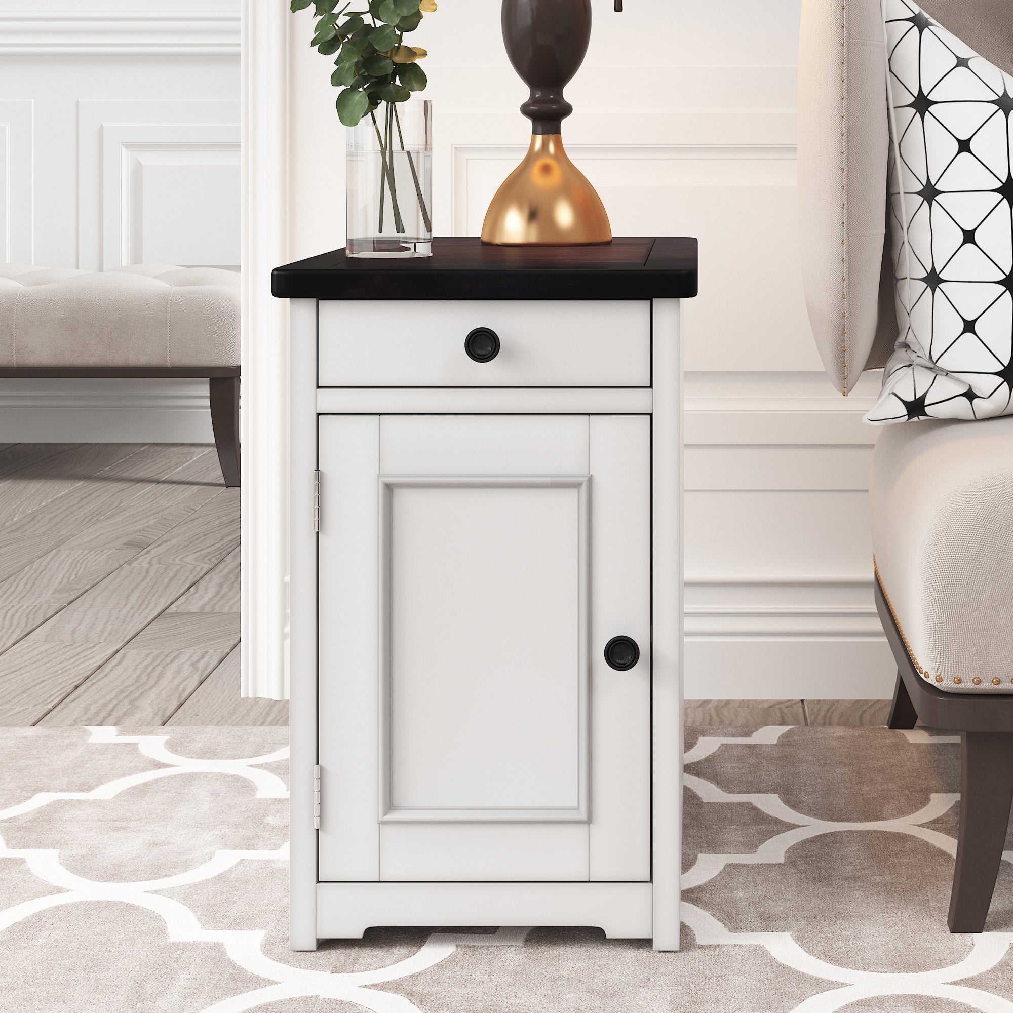 1-Drawer Solid Wood End Table with USB Ports