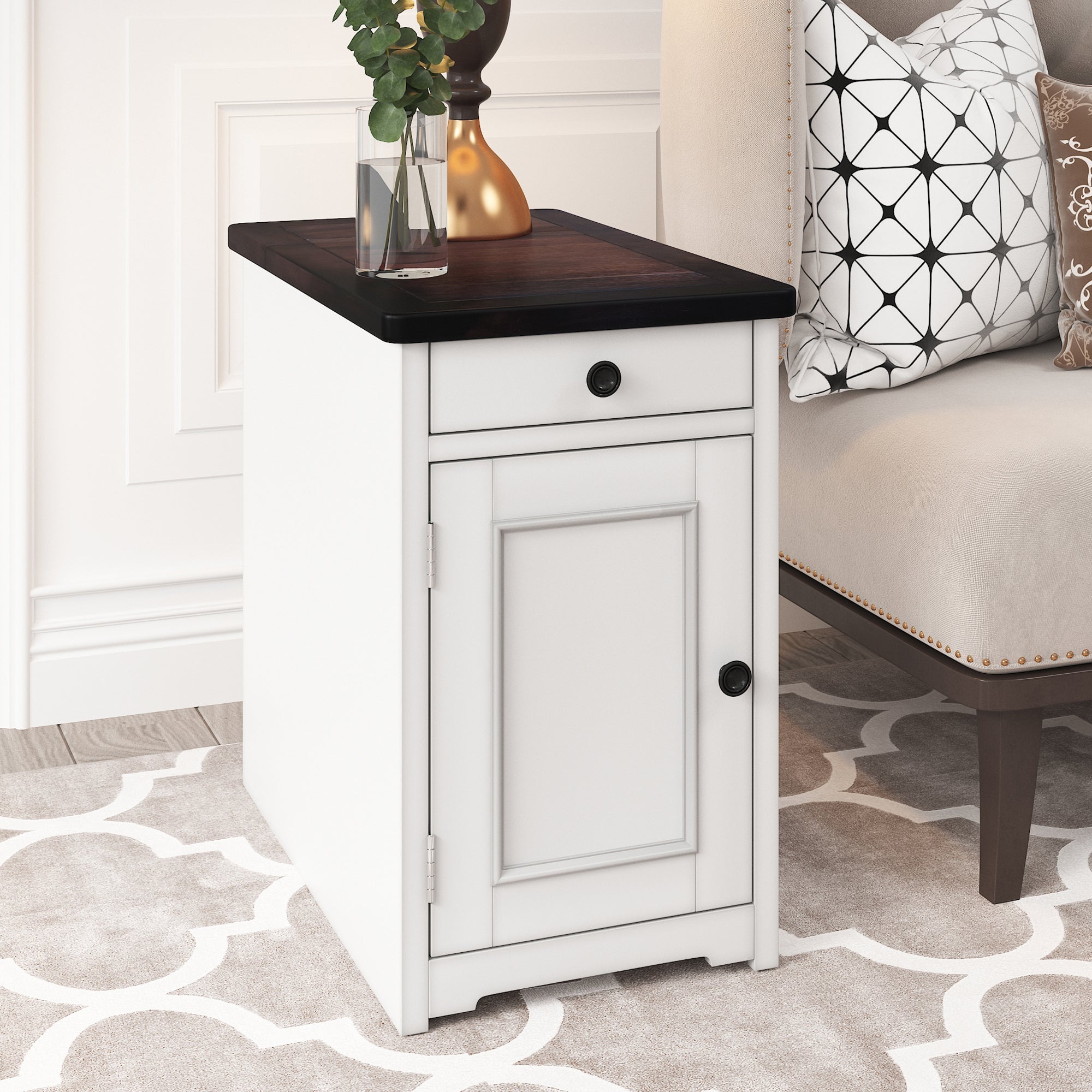 1-Drawer Solid Wood End Table with USB Ports