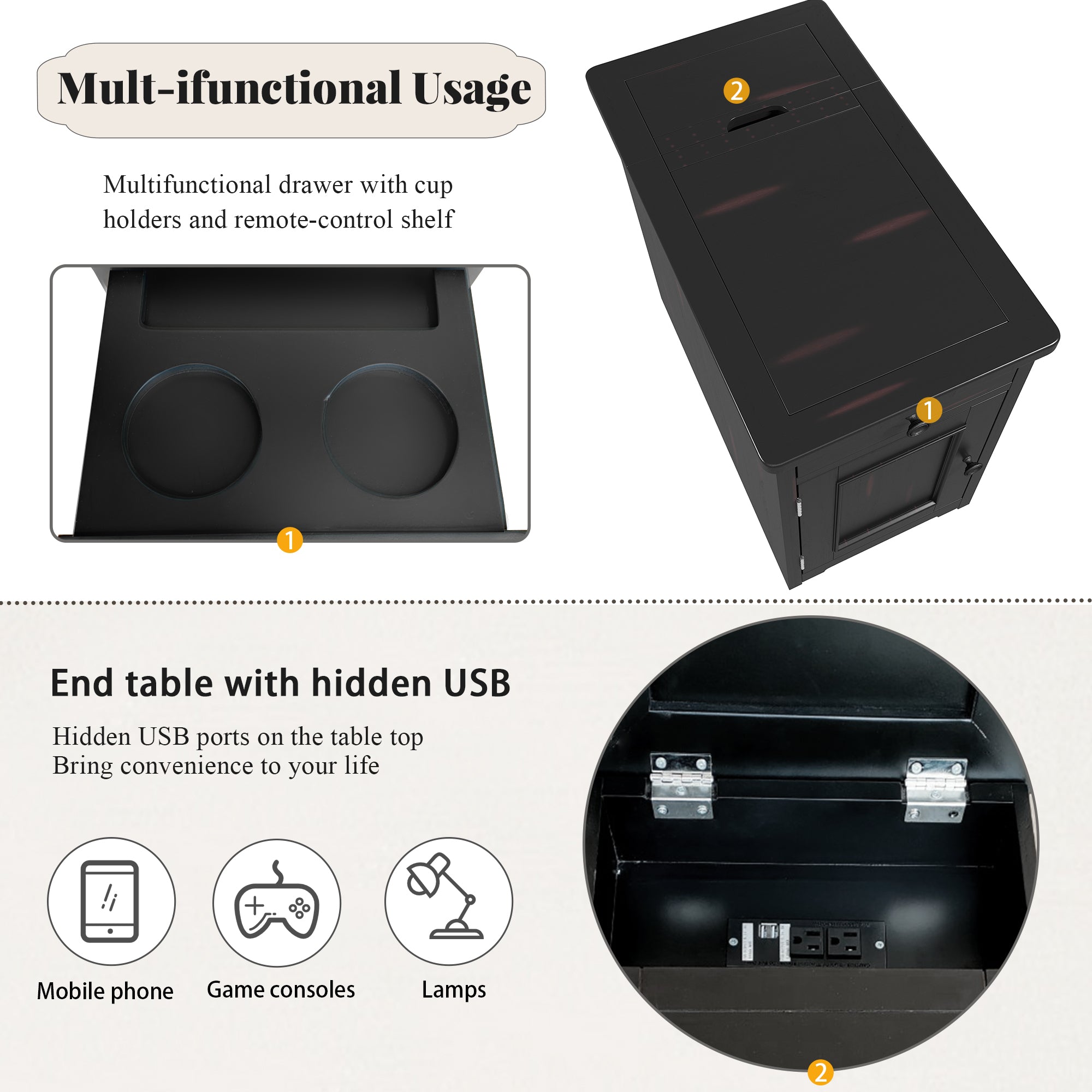 1-Drawer Solid Wood End Table with USB Ports