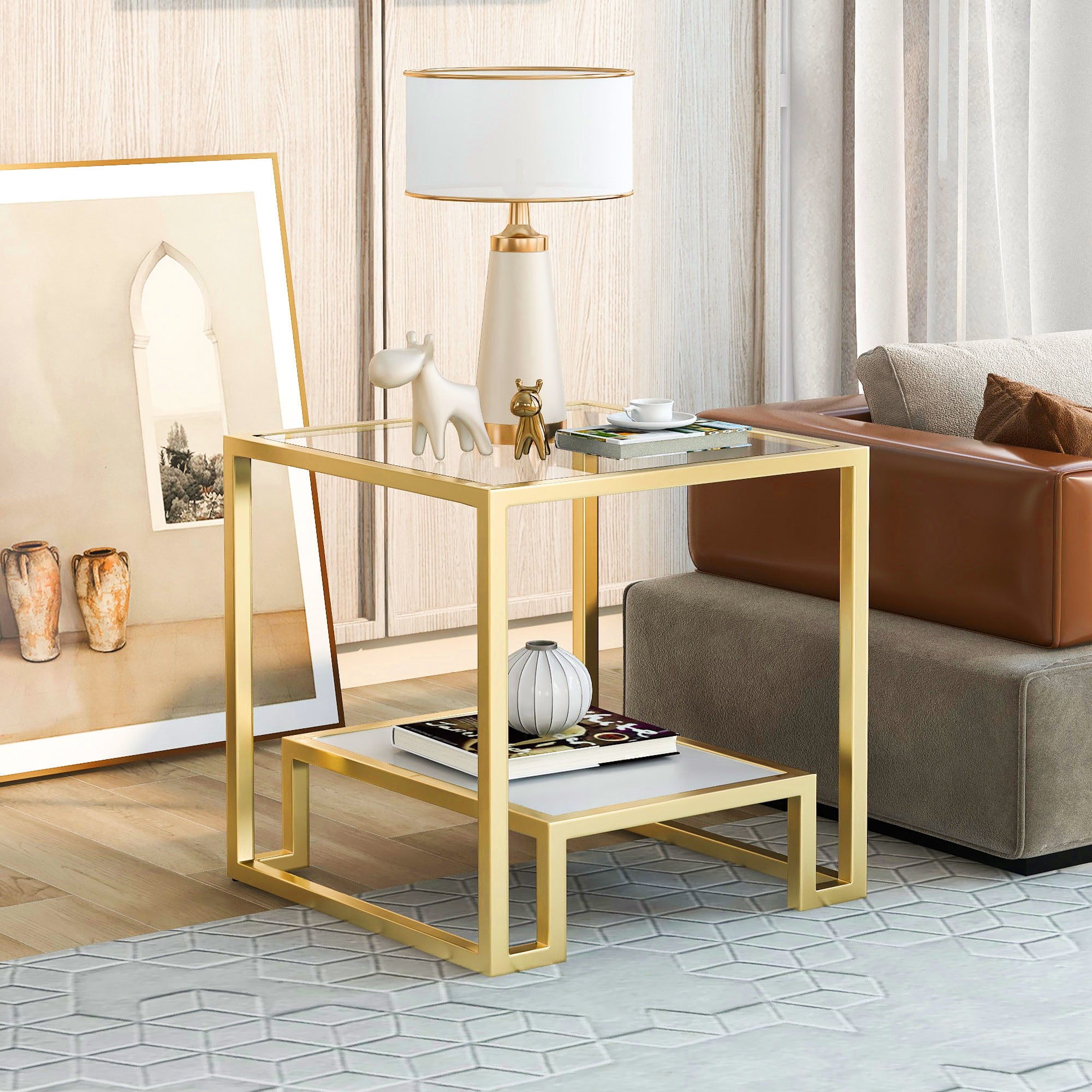 2-Tier Tempered Glass End Table in Gold