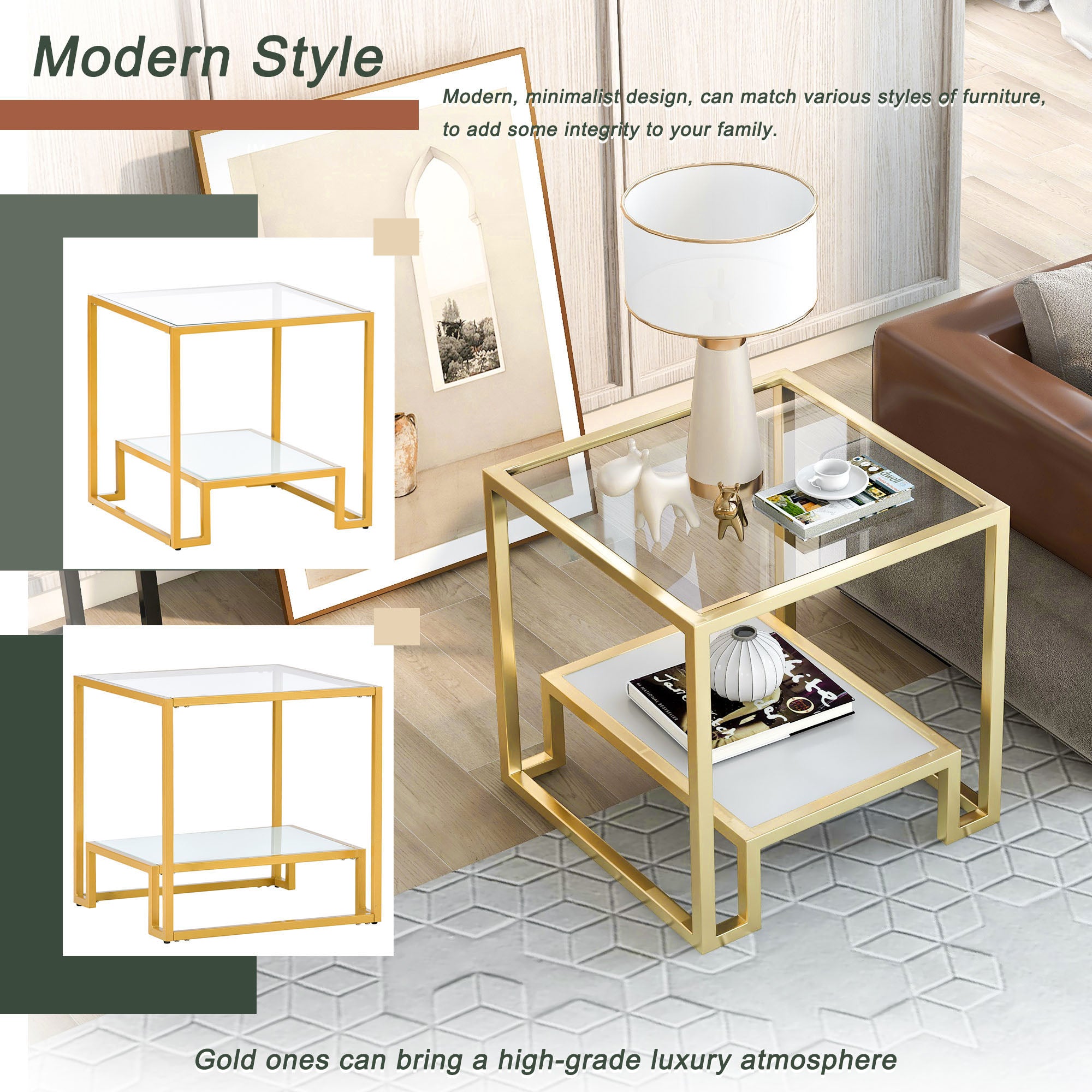 2-Tier Tempered Glass End Table in Gold
