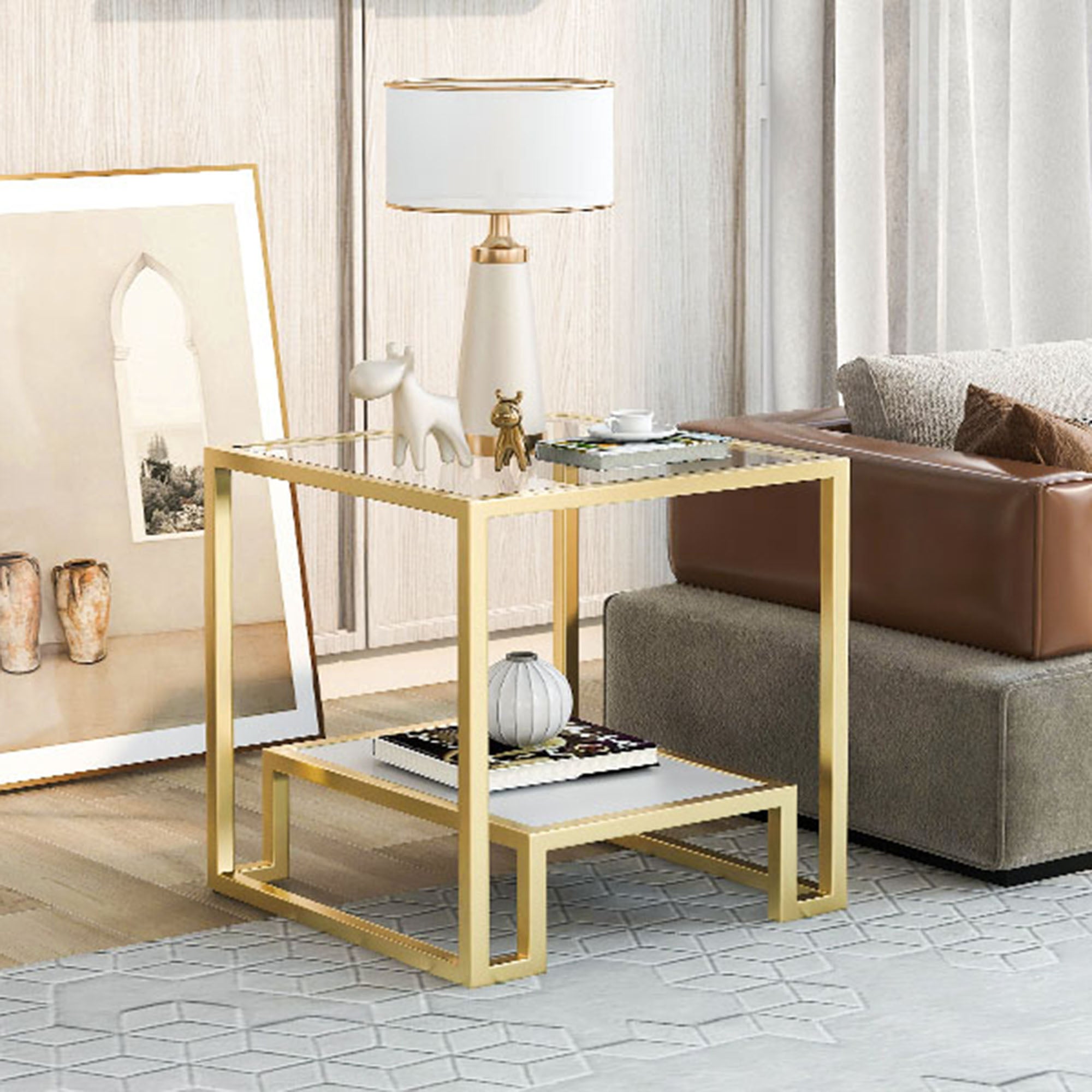 2-Tier Tempered Glass End Table in Gold