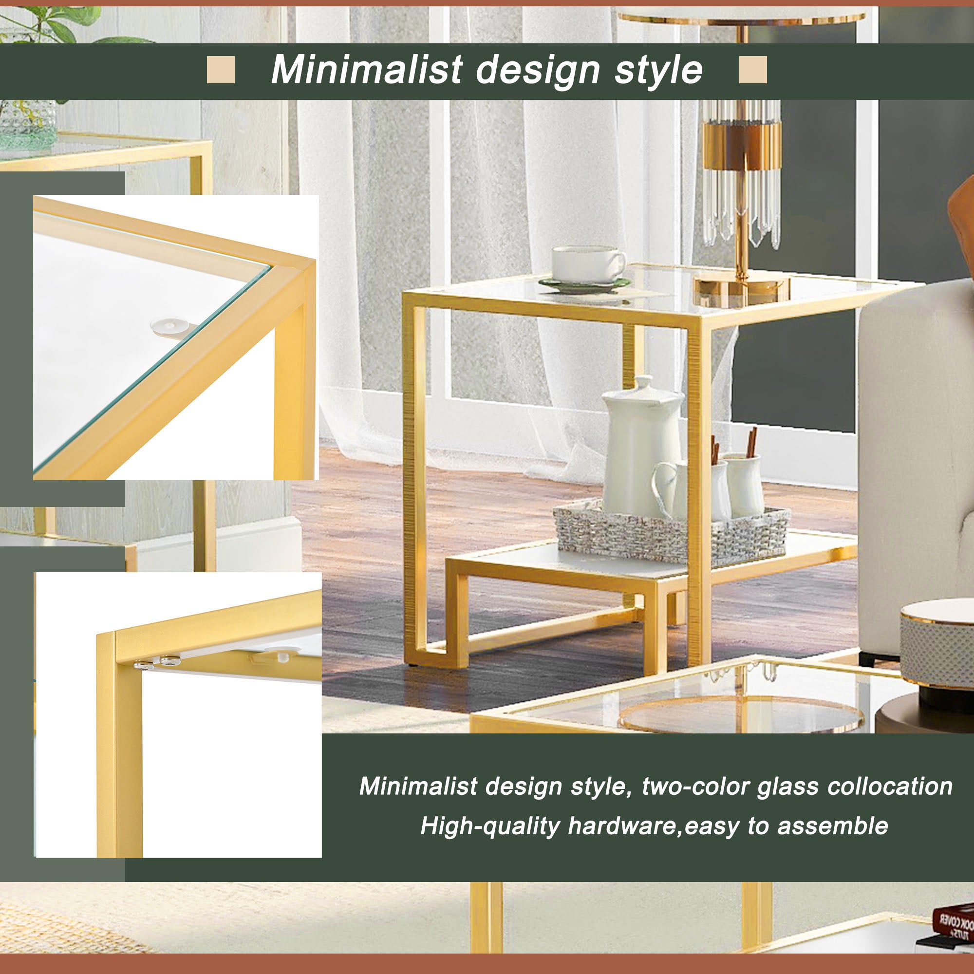 2-Tier Tempered Glass End Table in Gold