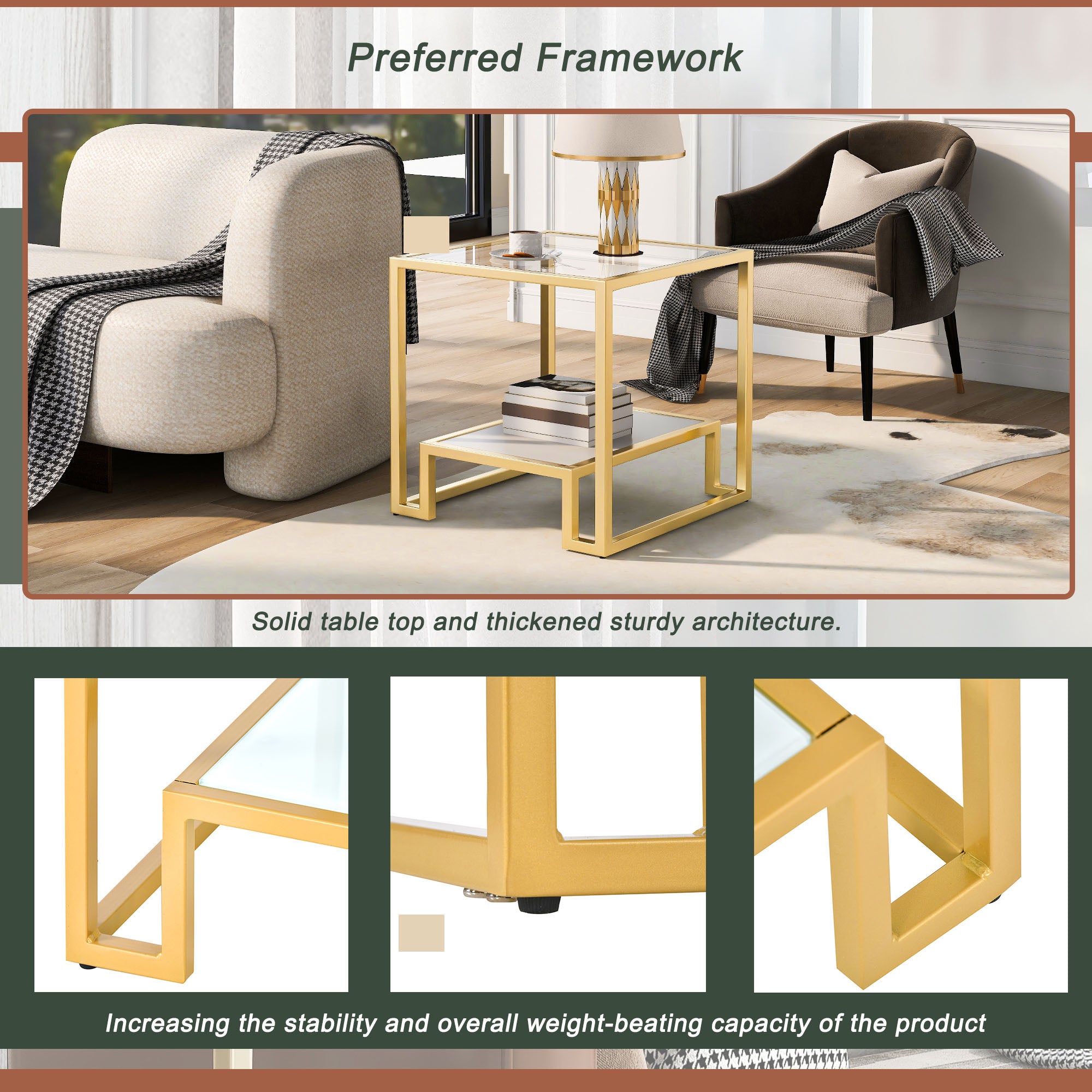 2-Tier Tempered Glass End Table in Gold