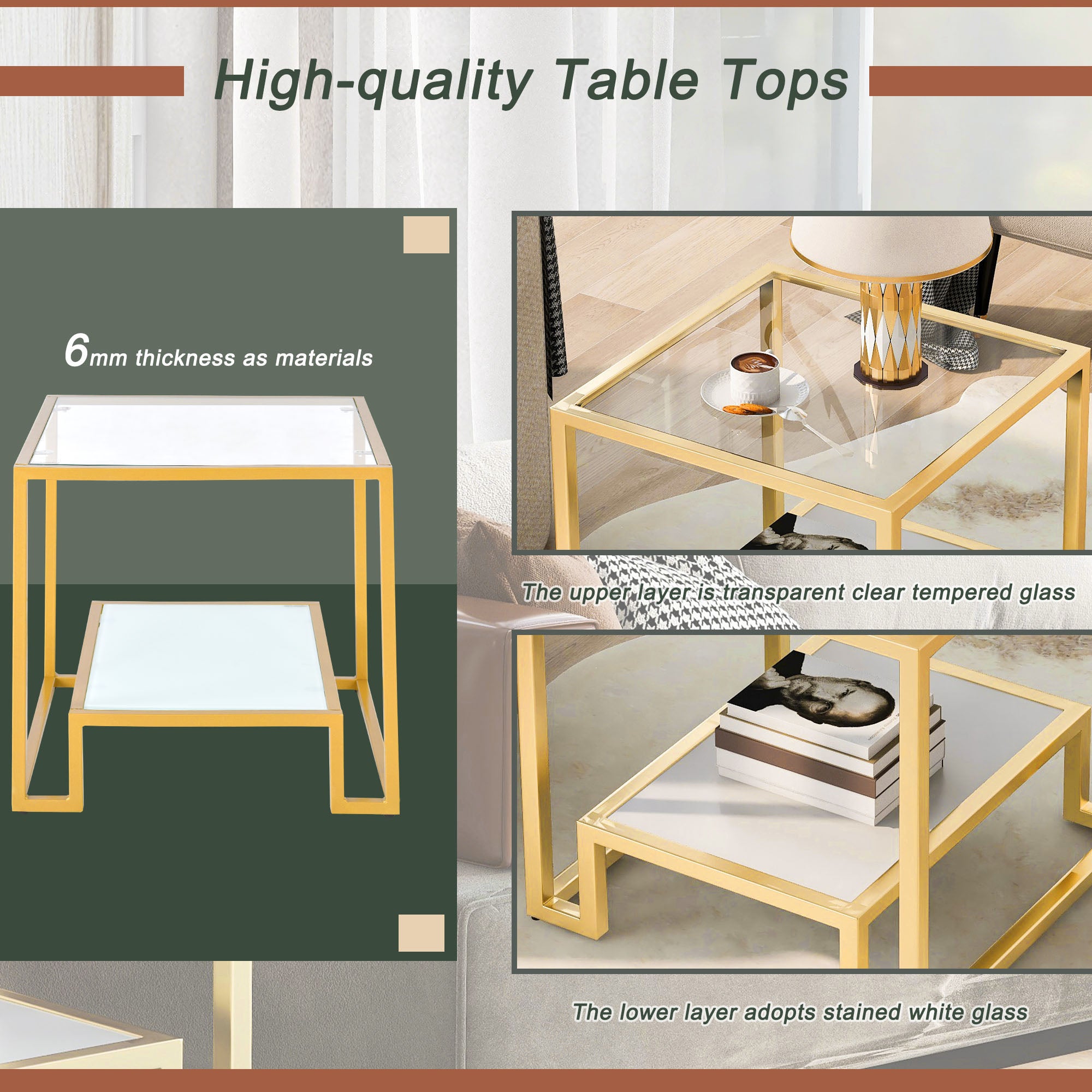 2-Tier Tempered Glass End Table in Gold