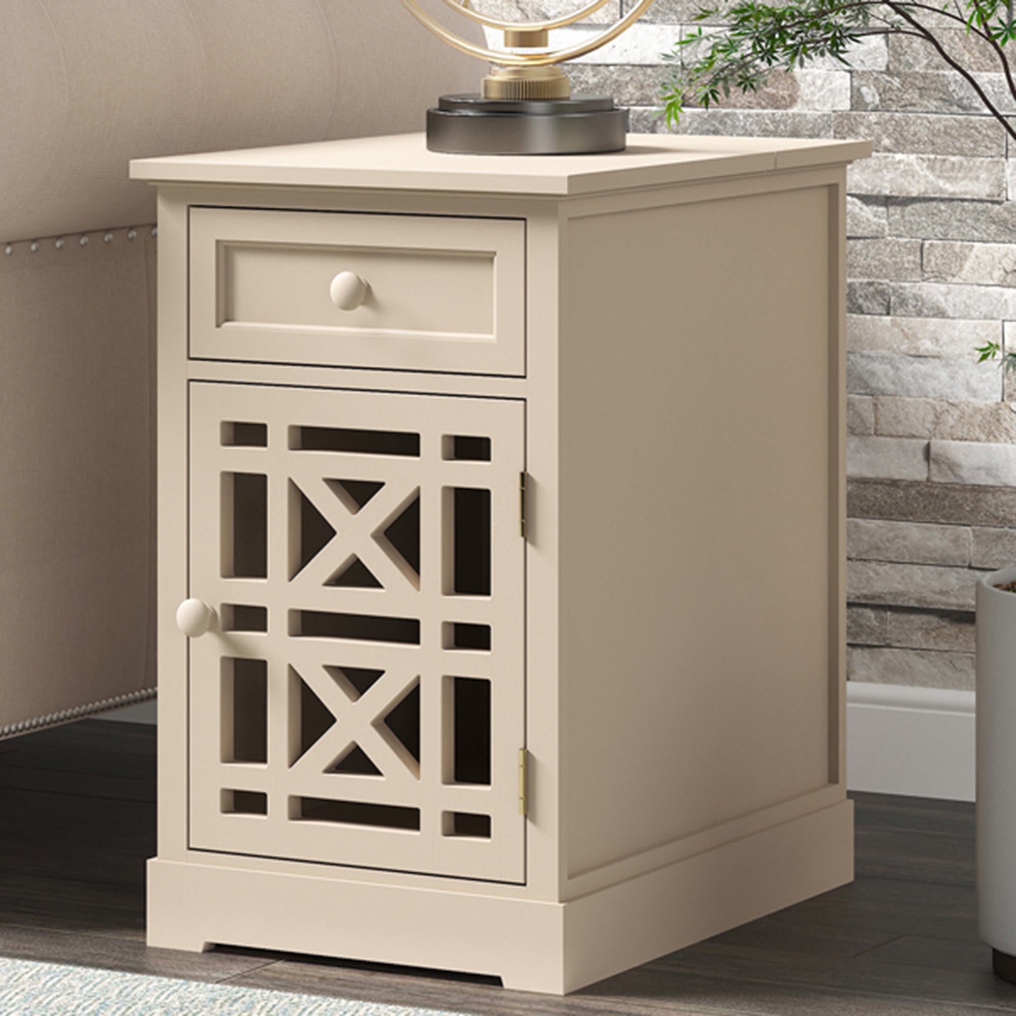 1-Drawer Solid Wood End Table with USB Port