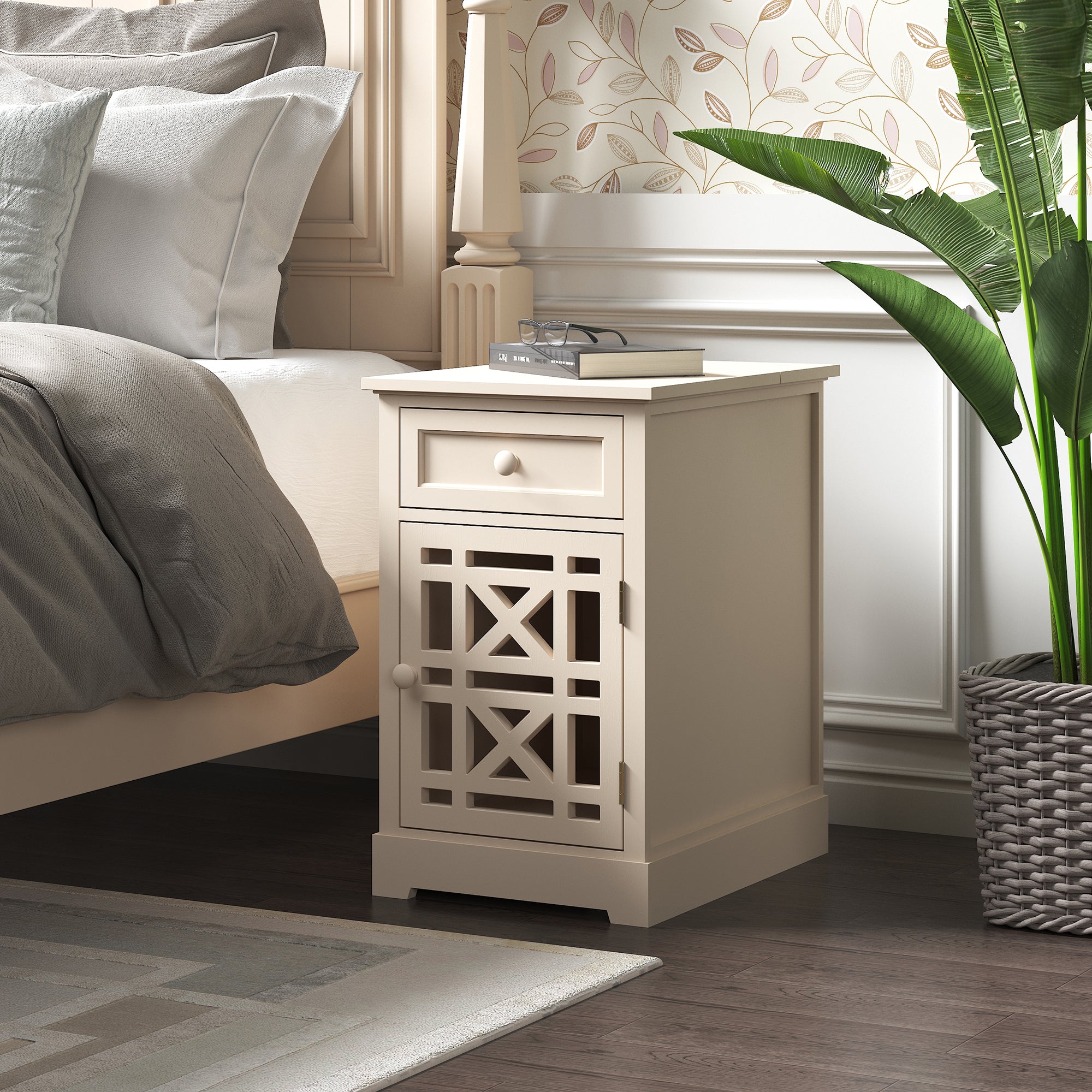 1-Drawer Solid Wood End Table with USB Port