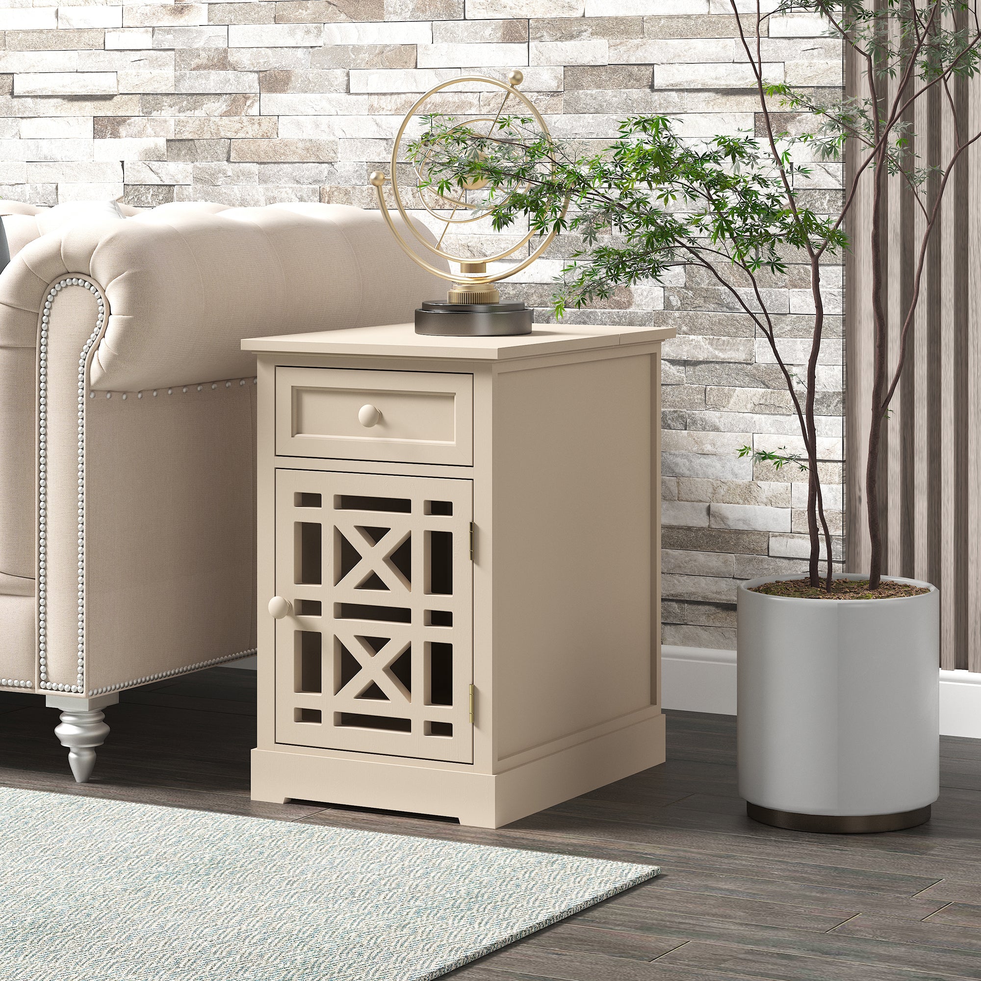 1-Drawer Solid Wood End Table with USB Port